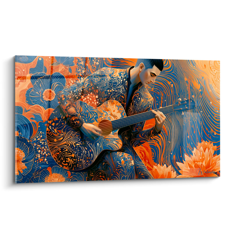 Tableau Musique bleu marine et orange guitariste fleuri - Mélodie en fusion - Edition Musique