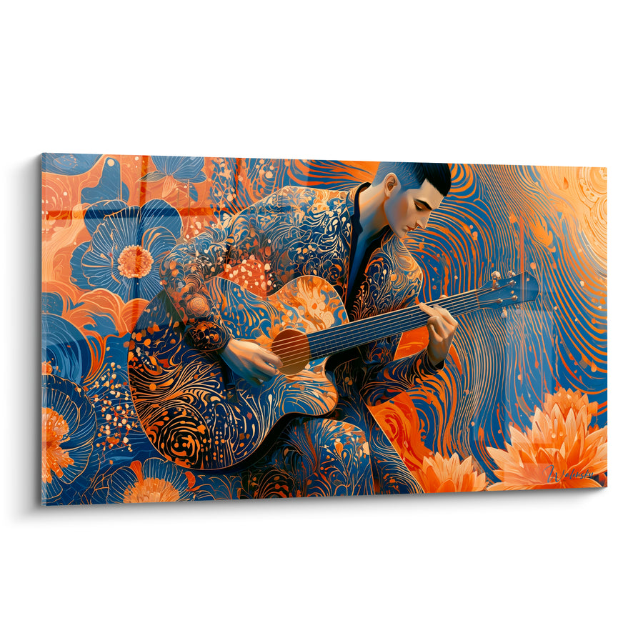 Schilderij Muziek marineblauw en oranje gitarist met bloemen - Gecombineerde melodie - Muziek Editie