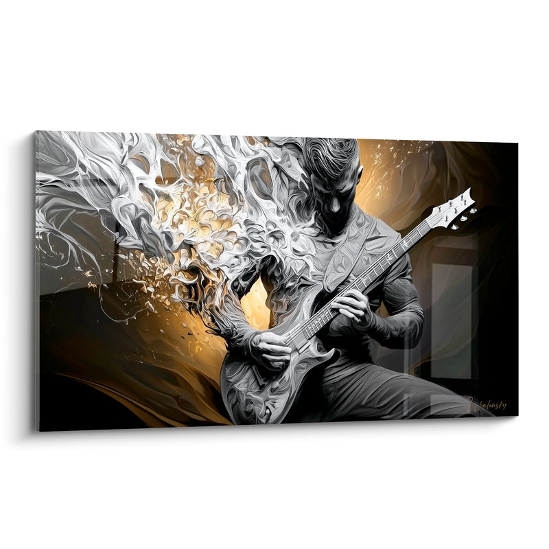 Tableau Musique guitariste doré fumée blanche - Fusion sonore - Edition Musique