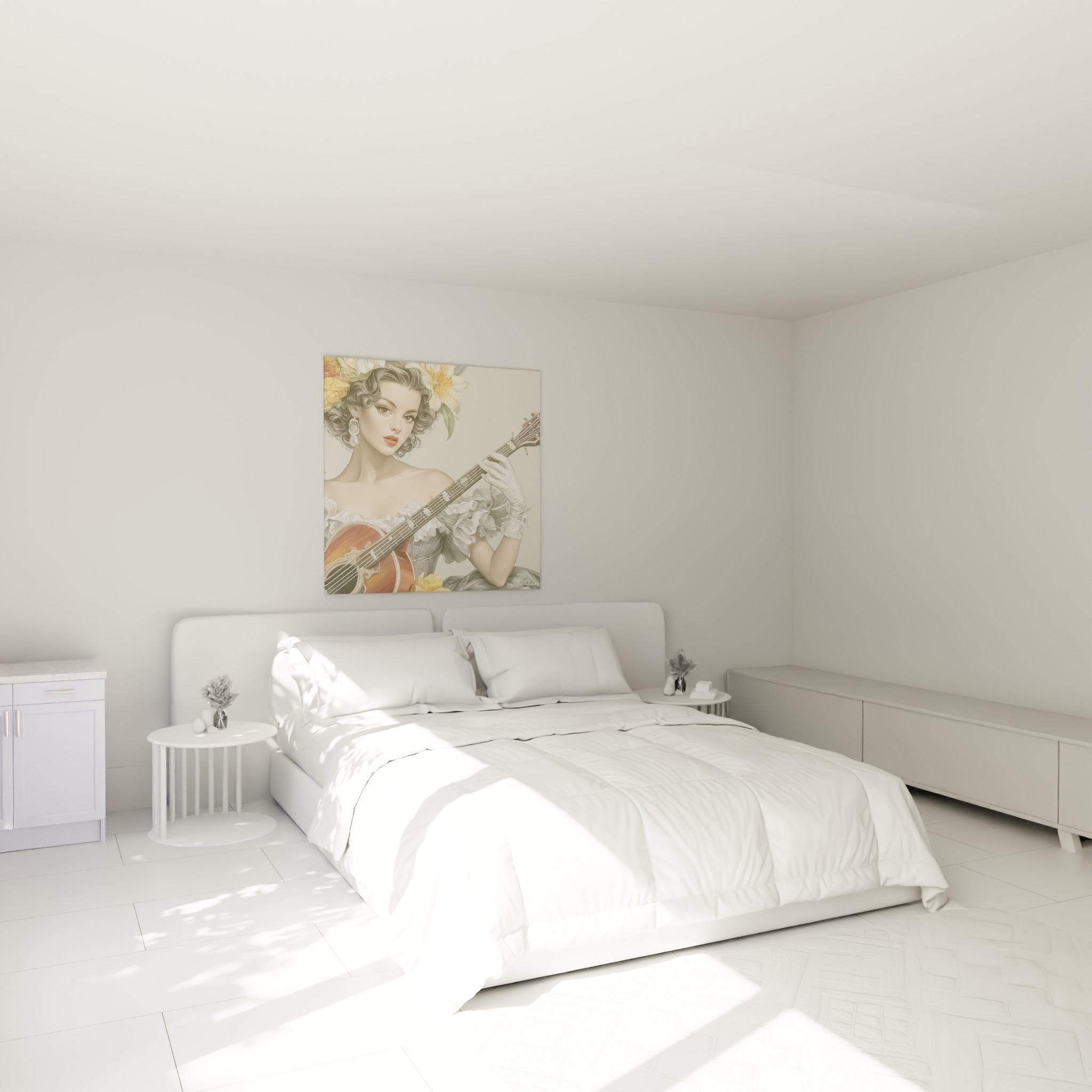 Musicienne aux fleurs jaunes et gants blancs, robe gris perle, au-dessus d'un lit dans une chambre claire