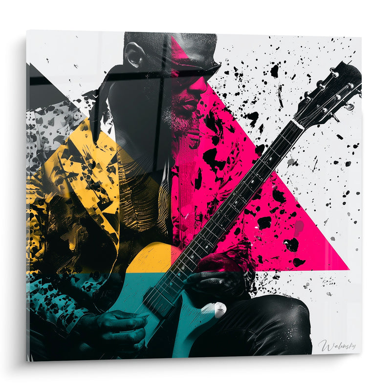 Tableau Musique guitariste rose fuchsia et jaune moutarde - Accord vibrant - Edition Musique