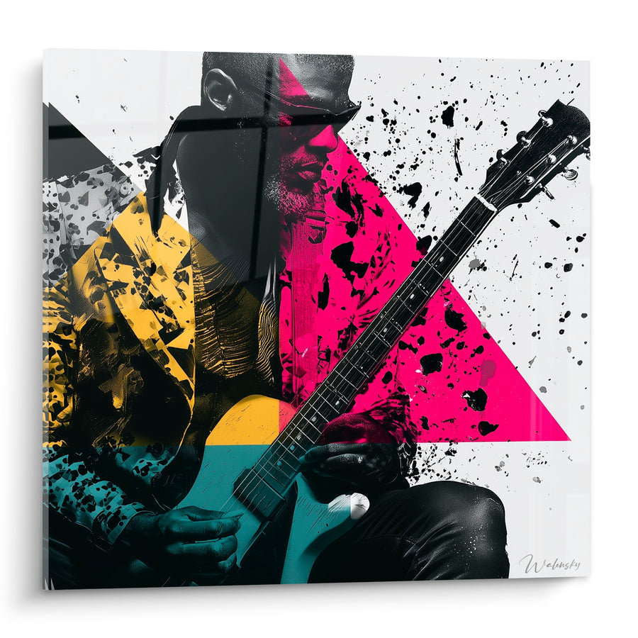 Tableau Musique guitariste rose fuchsia et jaune moutarde - Accord vibrant - Edition Musique