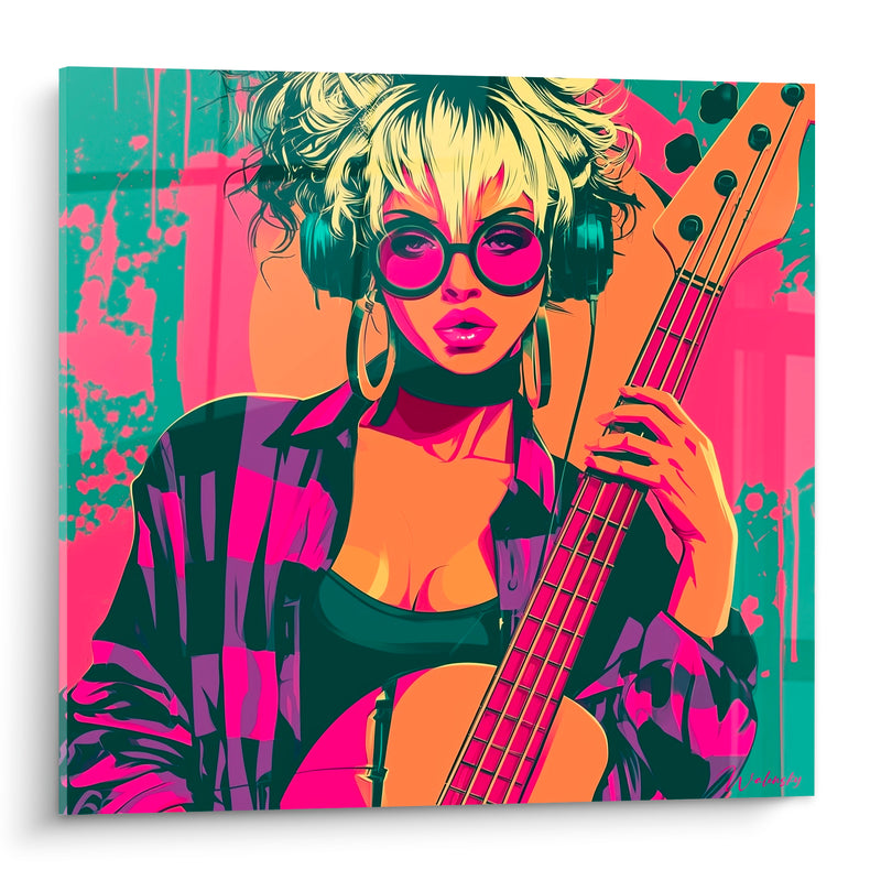 Tableau Musique guitariste rose et turquoise pop - Attitude rock - Edition Musique