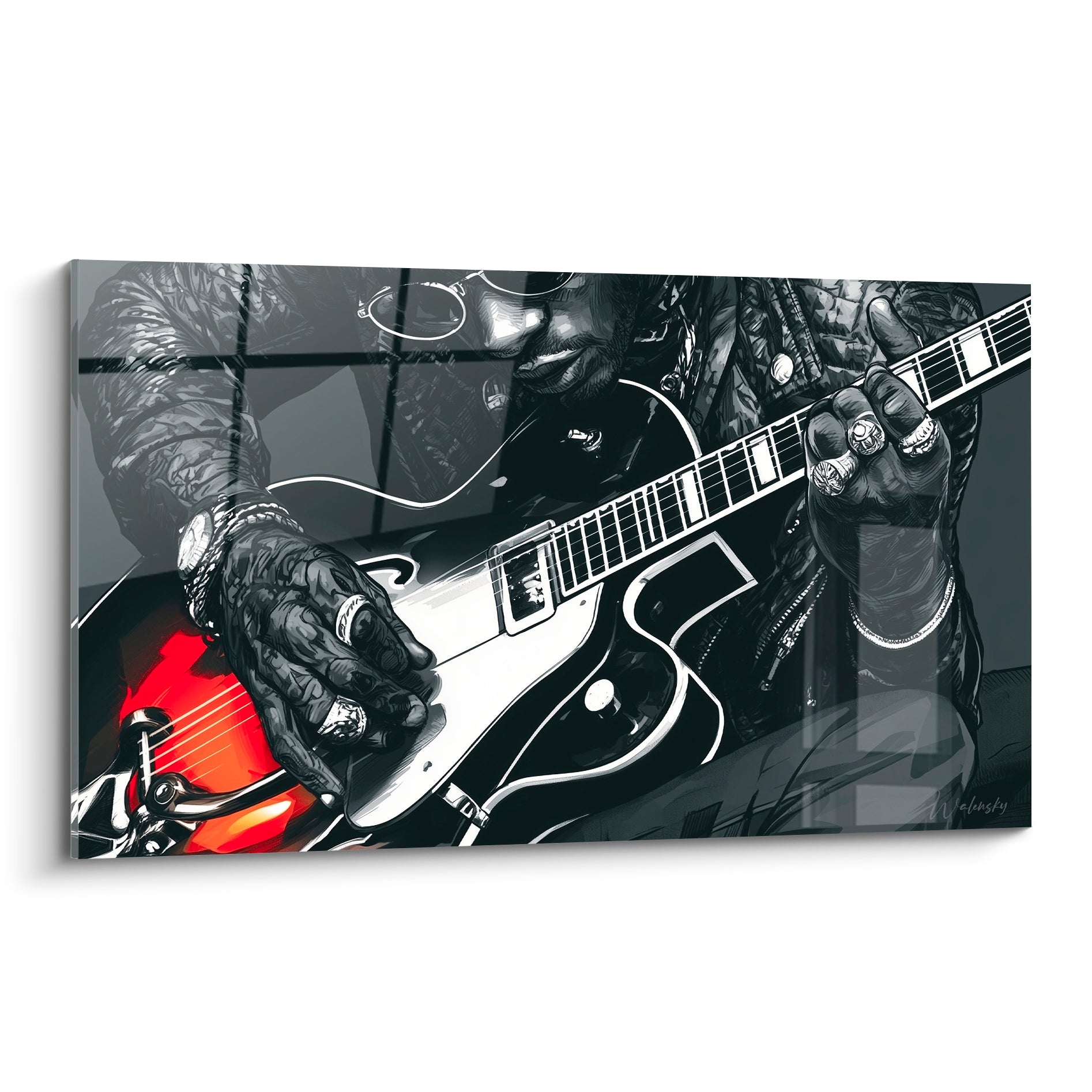 Guitariste jouant une guitare rouge et noire, mains baguées, style graphique intense en noir et blanc