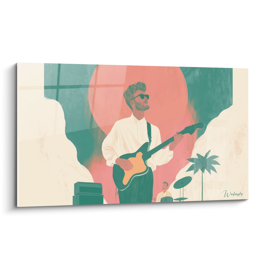 Tableau Musique guitariste terracotta et vert sauge palmier - Riff au crépuscule - Edition Musique