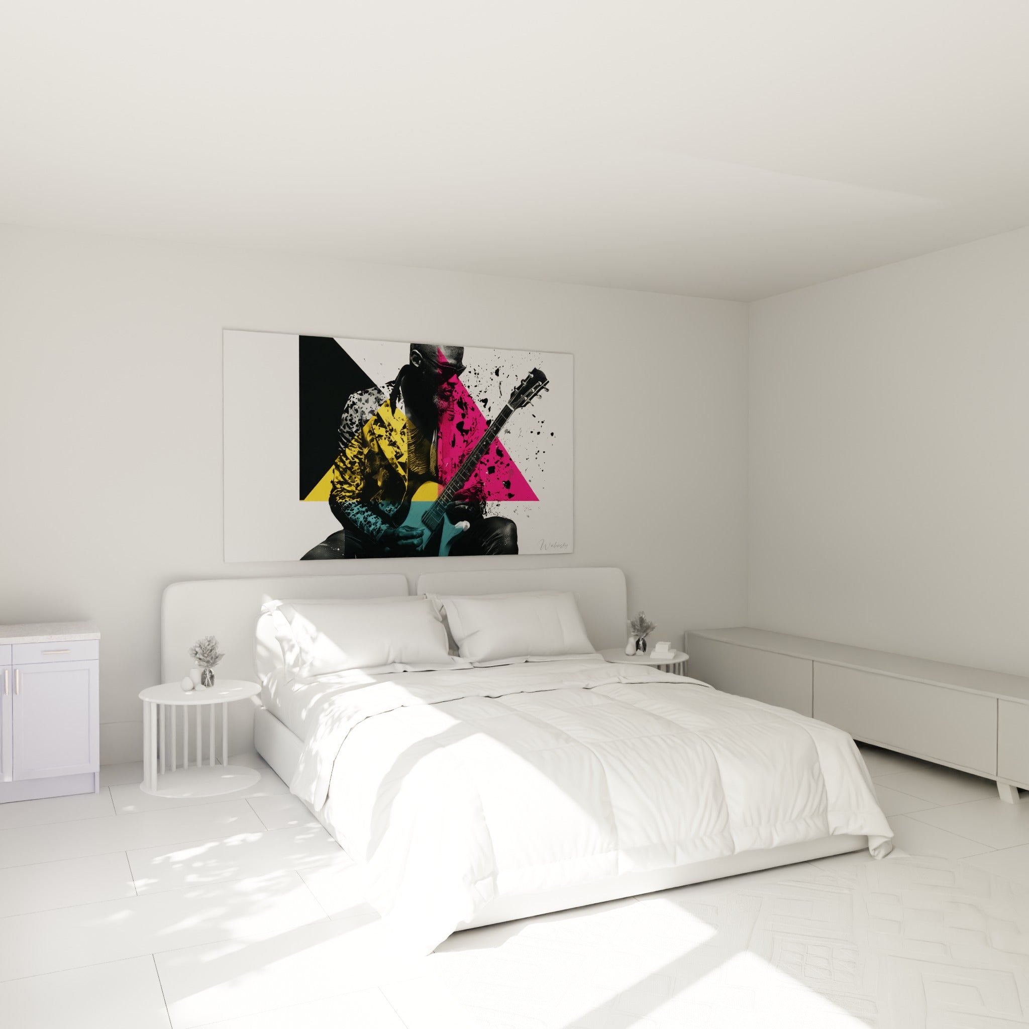 Musicien à la guitare, tons rose et jaune éclatés, accroché au-dessus d'un lit dans une chambre claire