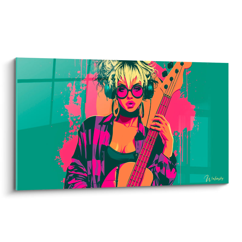Tableau Musique guitariste vert émeraude et rose fuchsia - Note rebelle - Edition Musique
