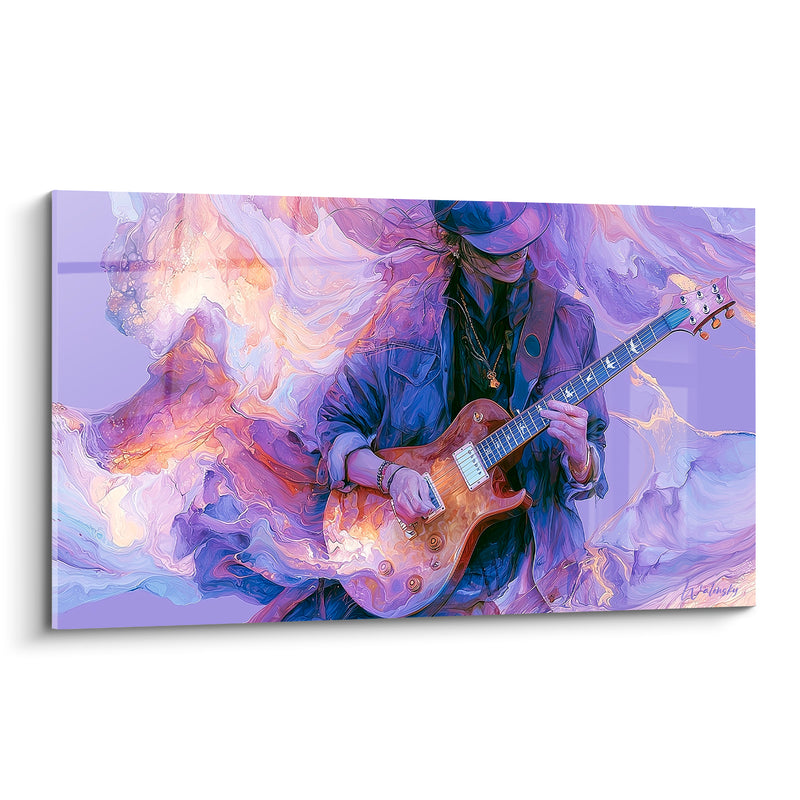 Tableau Musique violet et ambre guitariste chapeauté - Tourbillon nacré - Edition Musique