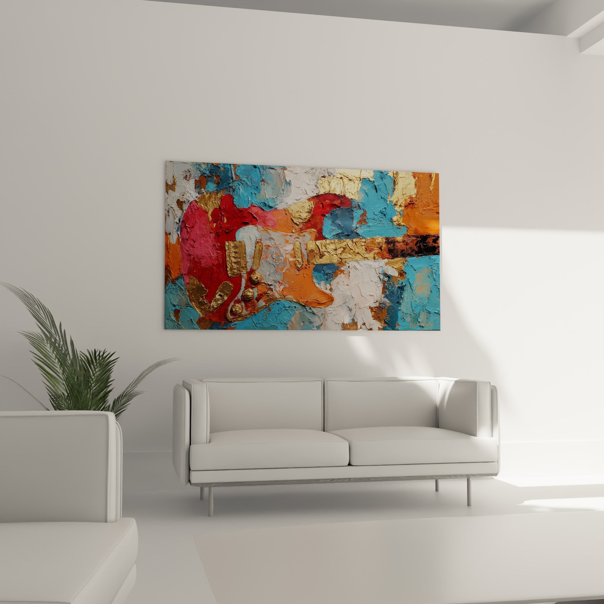 Instrument peint en orangé et bleu pétrole, empâtements dorés, au-dessus d'un canapé dans un salon lumineux