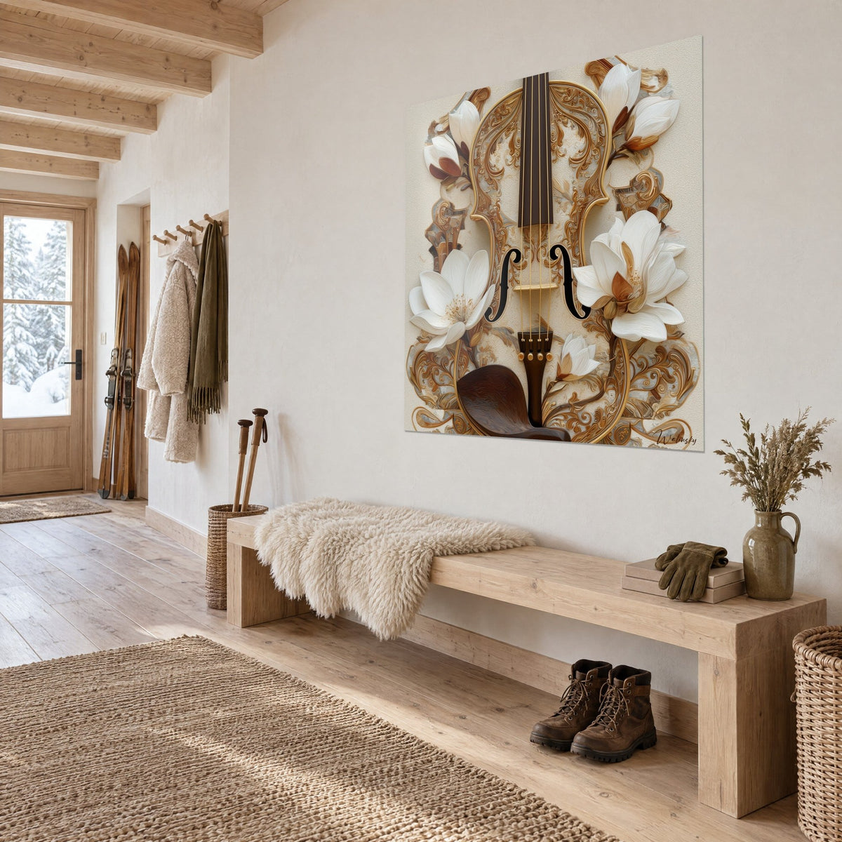 Tableau instrument à cordes sculpté d'or et de brun, magnolias crème, accroché au-dessus d'un banc en bois clair dans une entrée de chalet