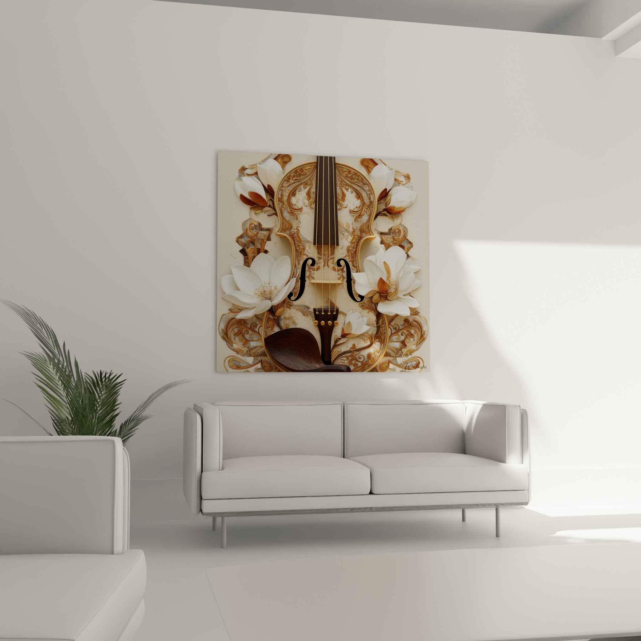 Instrument à cordes fauve et fleurs blanches délicates au-dessus d'un canapé dans un salon lumineux