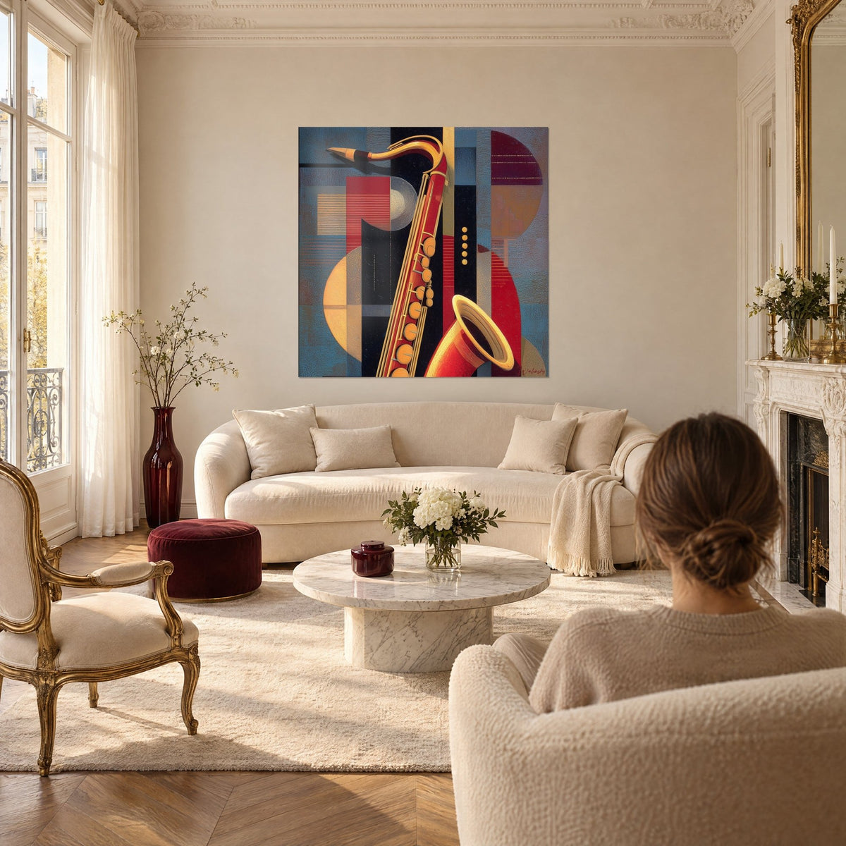 Gemälde eines lackrot glänzenden Saxophons mit goldenen Klappen auf graublauem Hintergrund, über einem Sofa in einem hellen Wohnzimmer