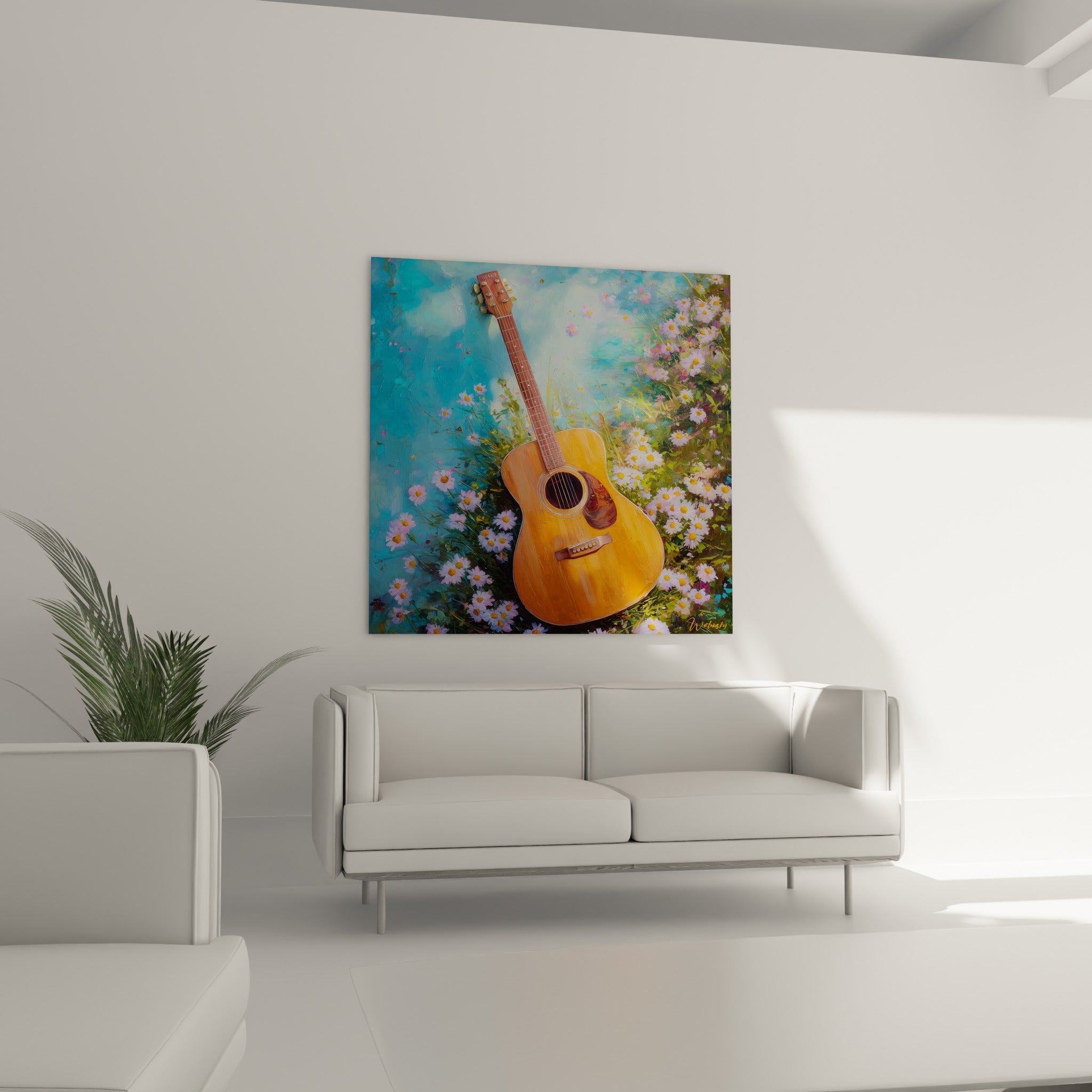Instrument ambré entouré de fleurs blanches et vertes, au-dessus d'un canapé dans un salon lumineux