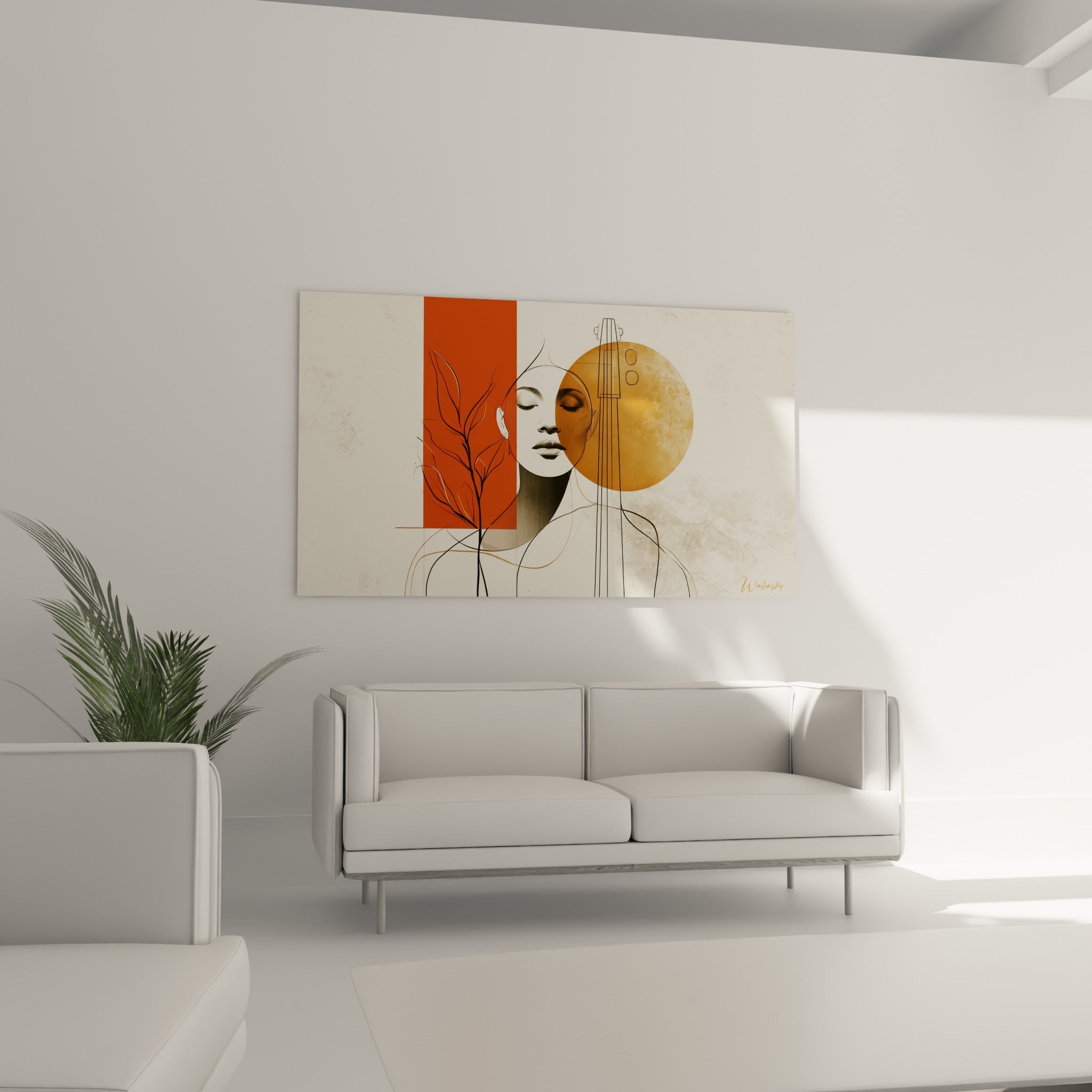 Visage esquissé sur fond beige et cercle doré évoquant la musique, au-dessus d'un canapé dans un salon lumineux