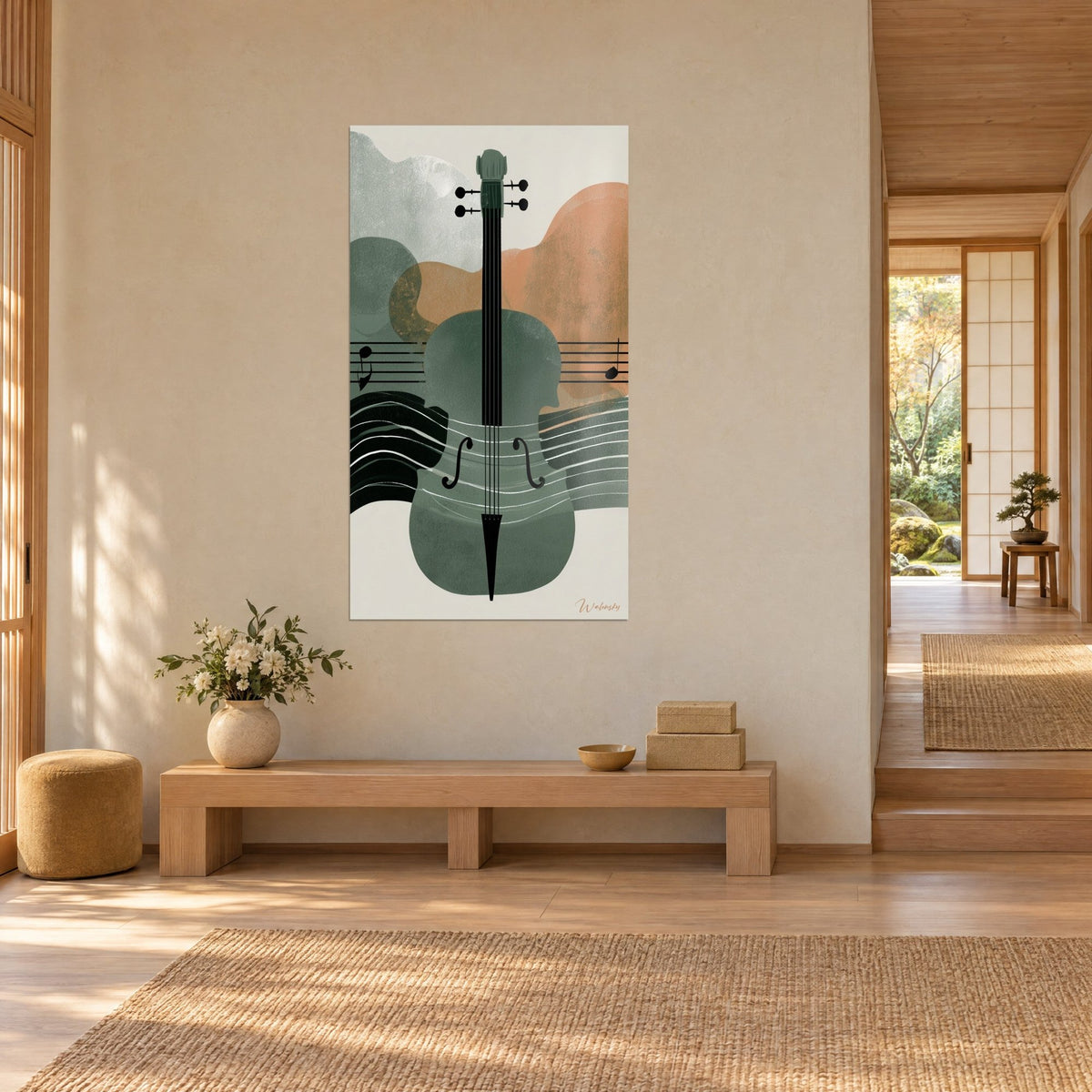 Cuadro instrumento de cuerda verde salvia sobre nubes naranja terracota, notas negras, pared crema de un recibidor japandi, banco de madera