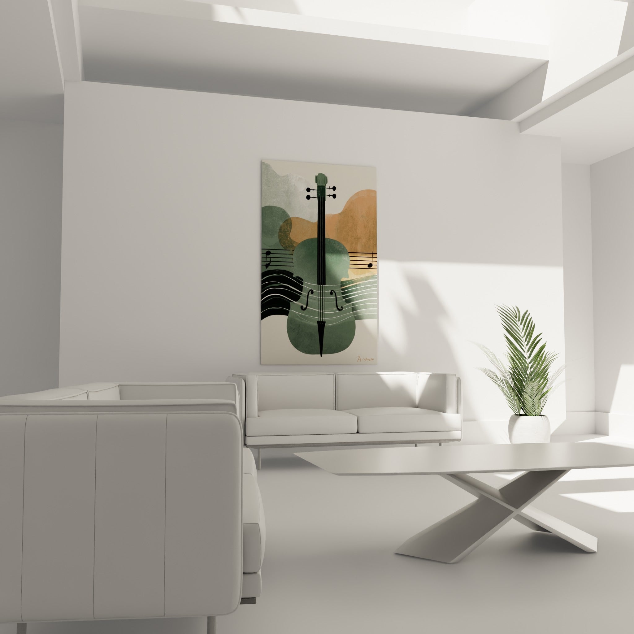 Instrument à cordes vert profond et terracotta placé au-dessus d'un canapé dans un salon lumineux