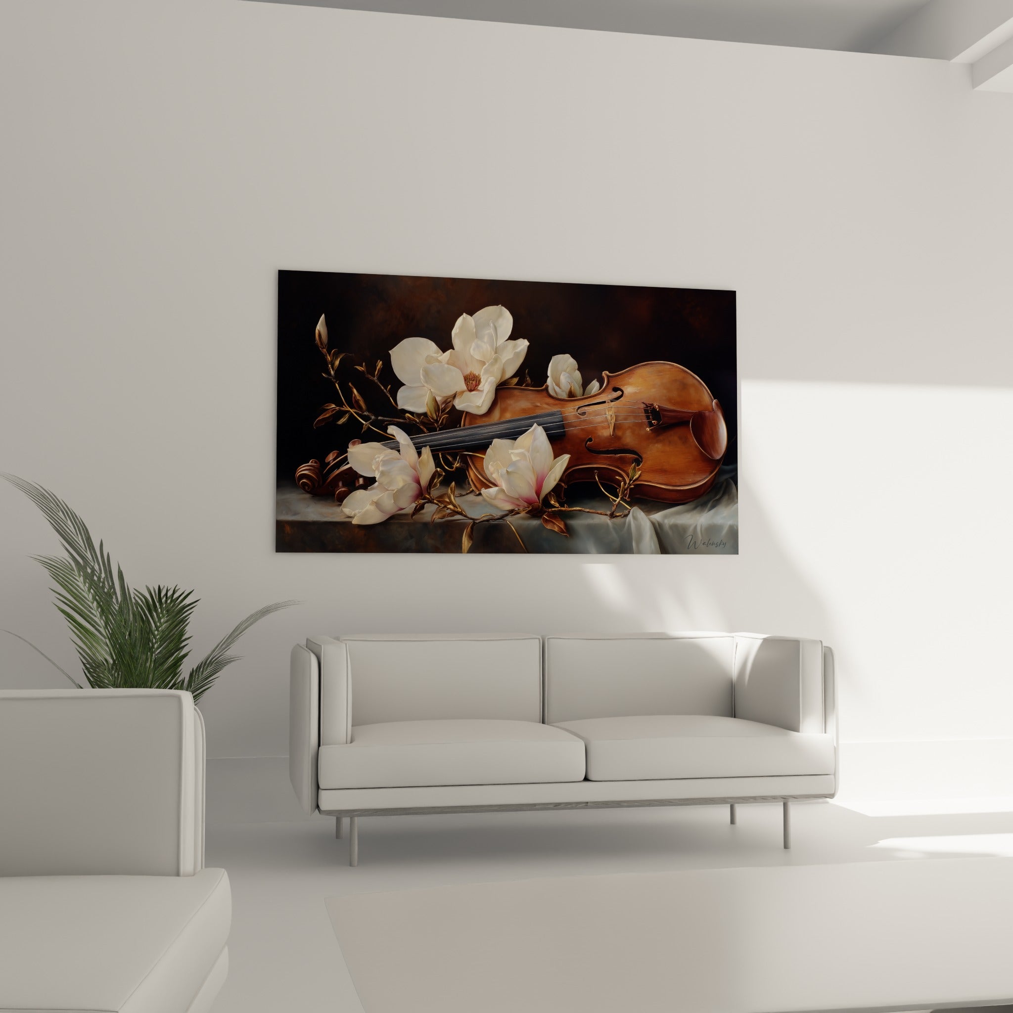 Instrument à cordes acajou et fleurs blanches délicates, au-dessus d'un canapé dans un salon lumineux.