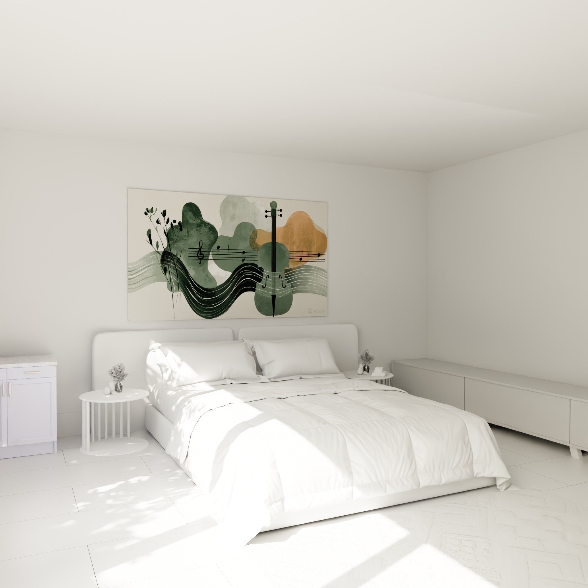 Instrument à cordes vert profond et notes noires accrochés au-dessus d'un lit dans une chambre claire