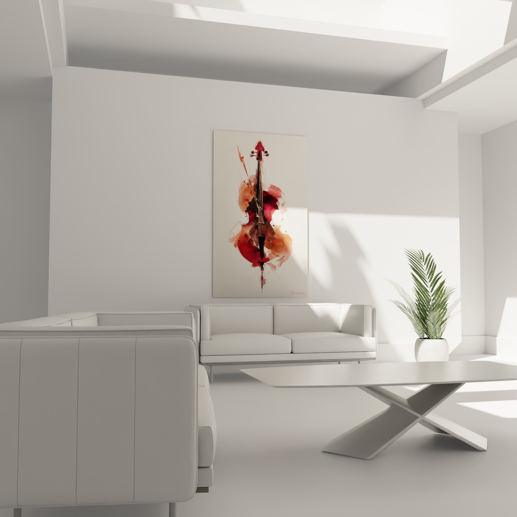Silhouette de violoncelle en camaïeu terracotta et anthracite, au-dessus d'un canapé dans un salon lumineux