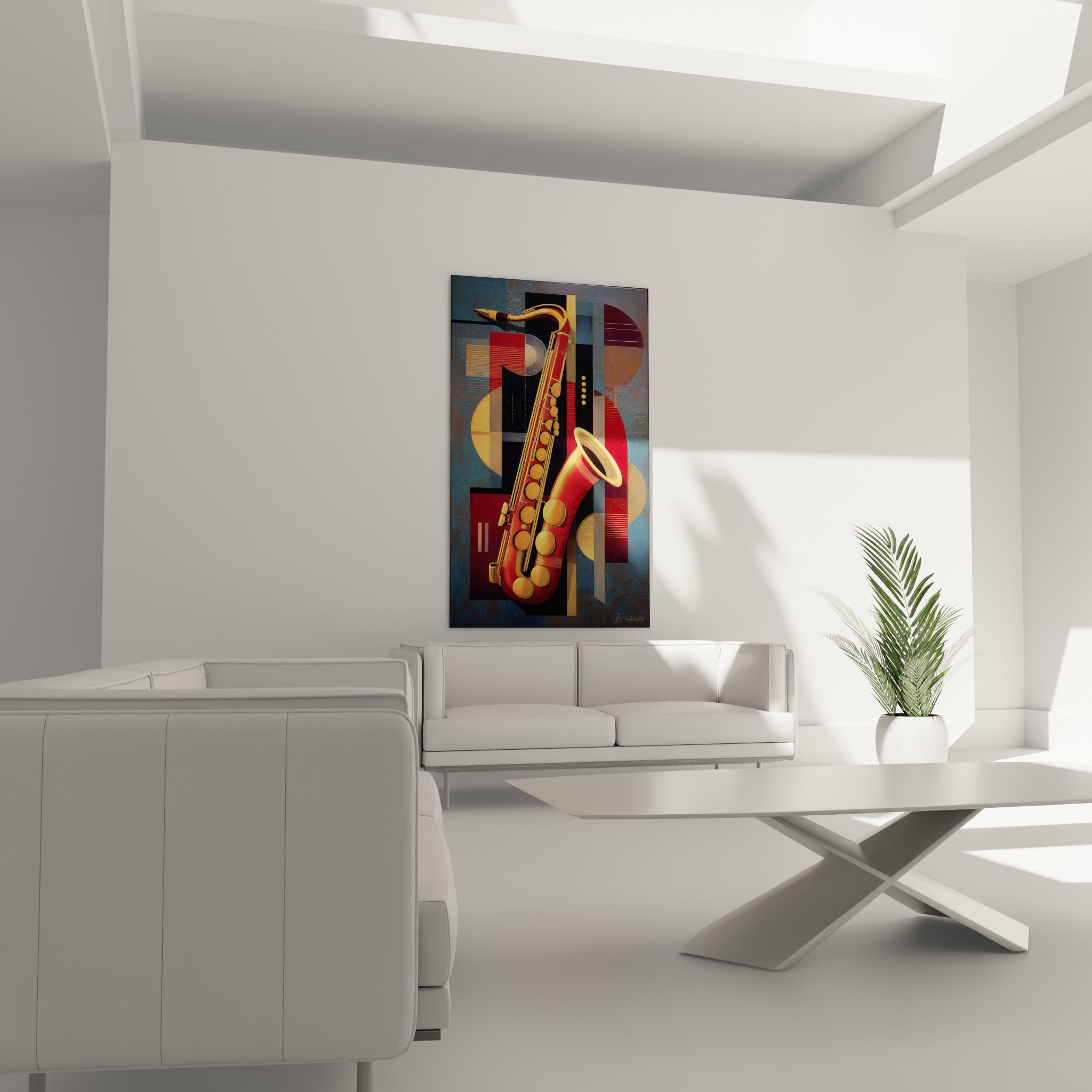 Instrument à vent rouge cuivré et doré sur fond bleu segmenté au-dessus d'un canapé dans un salon lumineux