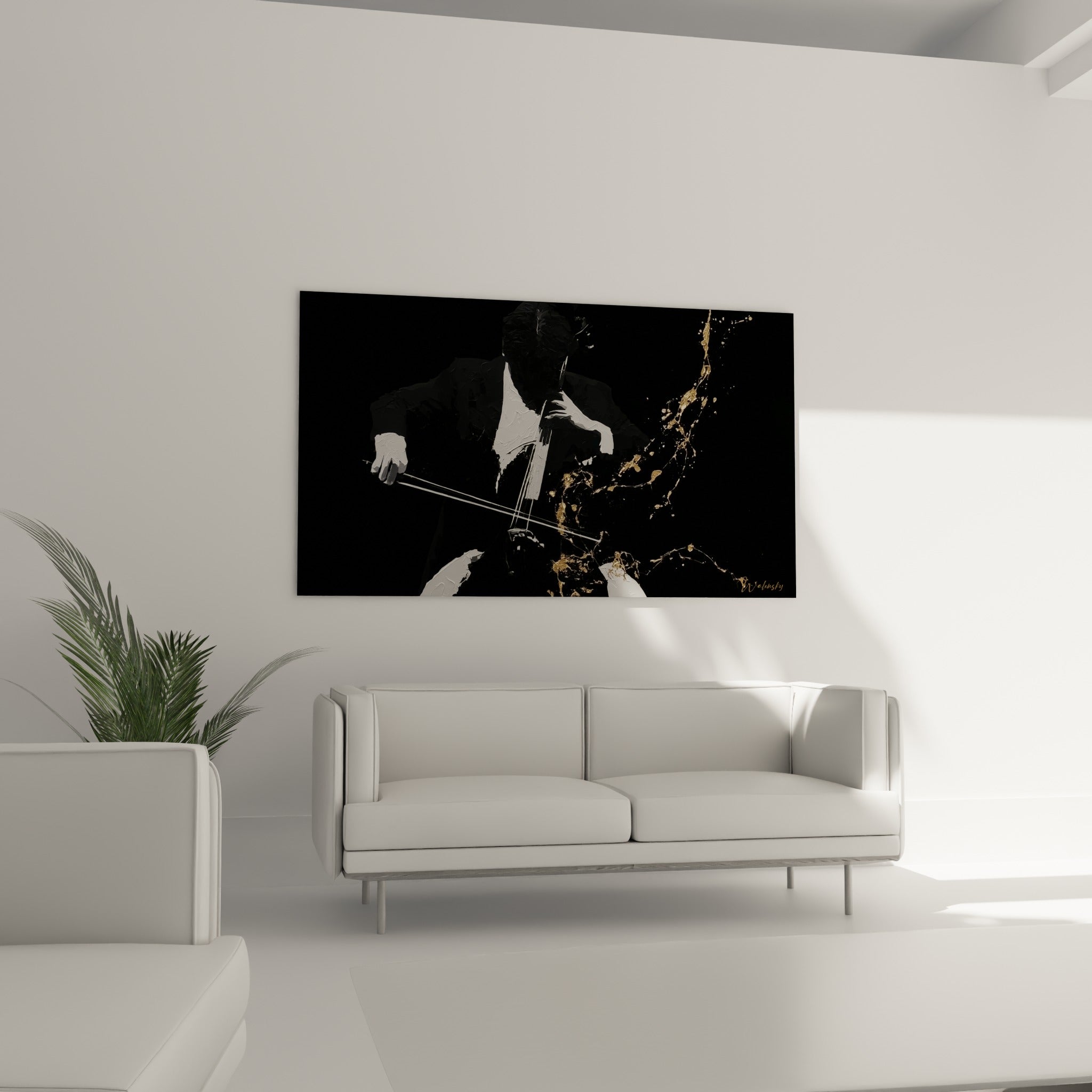 Archet et violoncelle esquissés en blanc, éclats dorés vibrants, au-dessus d'un canapé dans un salon lumineux
