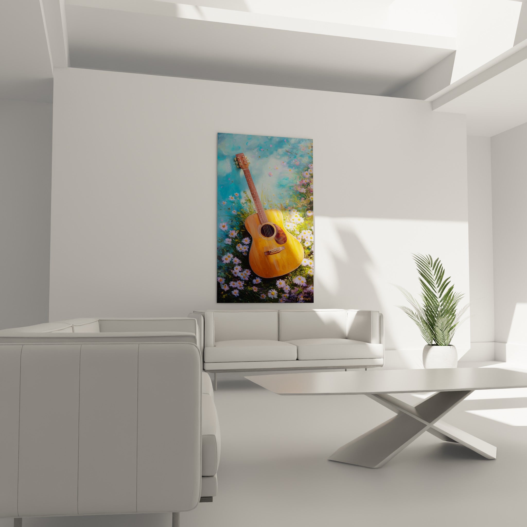 Manche en bois brun et caisse dorée émergeant d'un pré fleuri, au-dessus d'un canapé dans un salon lumineux