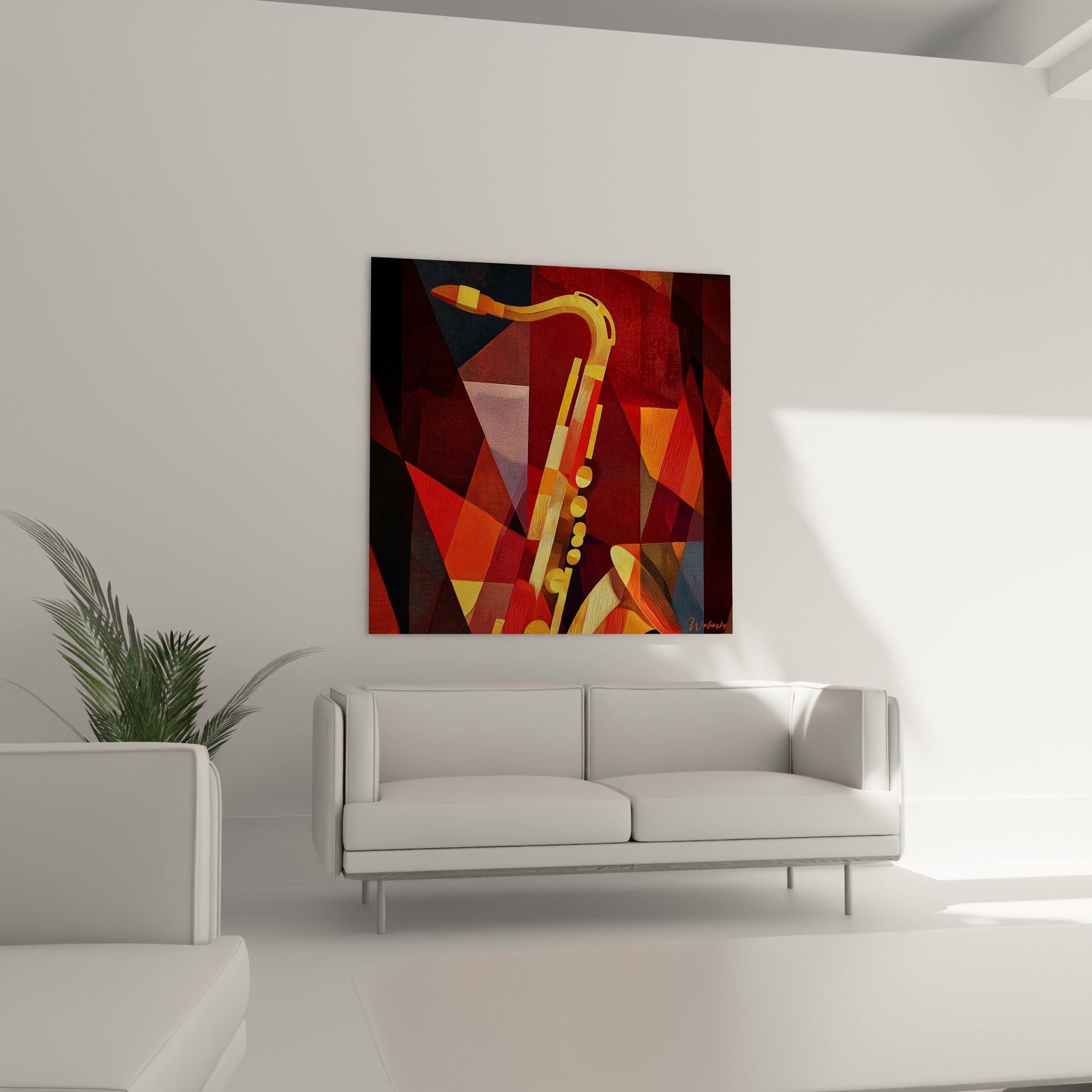 Saxophone cuivré traversant des facettes rouges et terracotta, au-dessus d'un canapé dans un salon lumineux