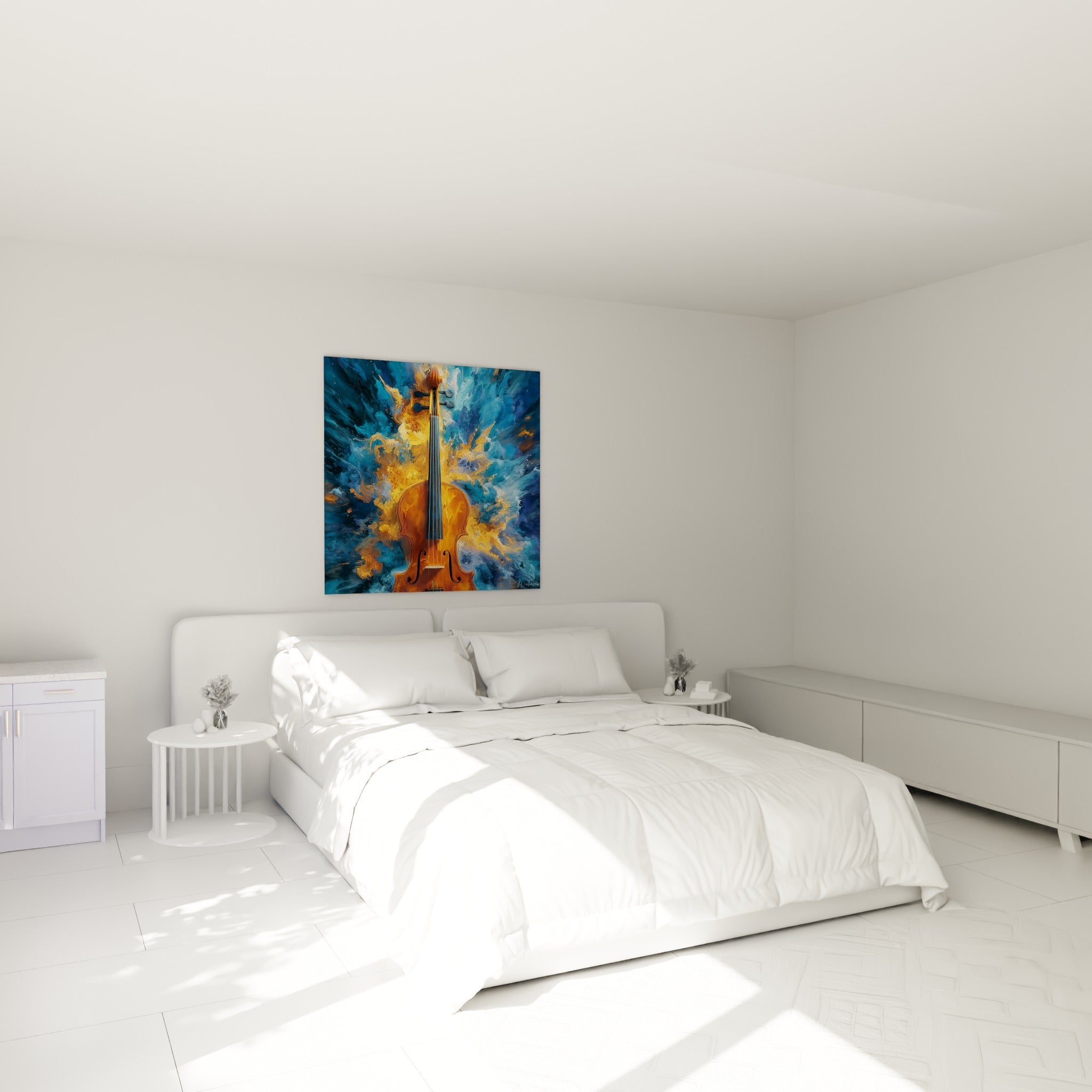 Instrument doré émergeant d'un nuage bleu marine et turquoise, accroché au-dessus d'un lit dans une chambre claire