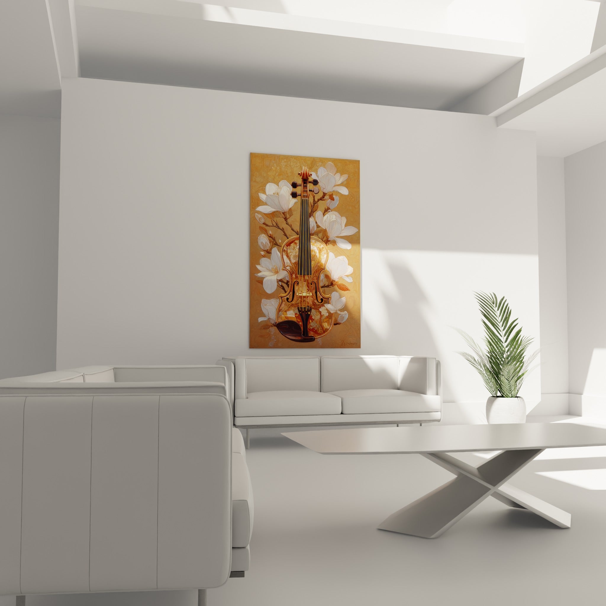 Silhouette d'un violon ocre nichée parmi des pétales blancs, au-dessus d'un canapé dans un salon lumineux