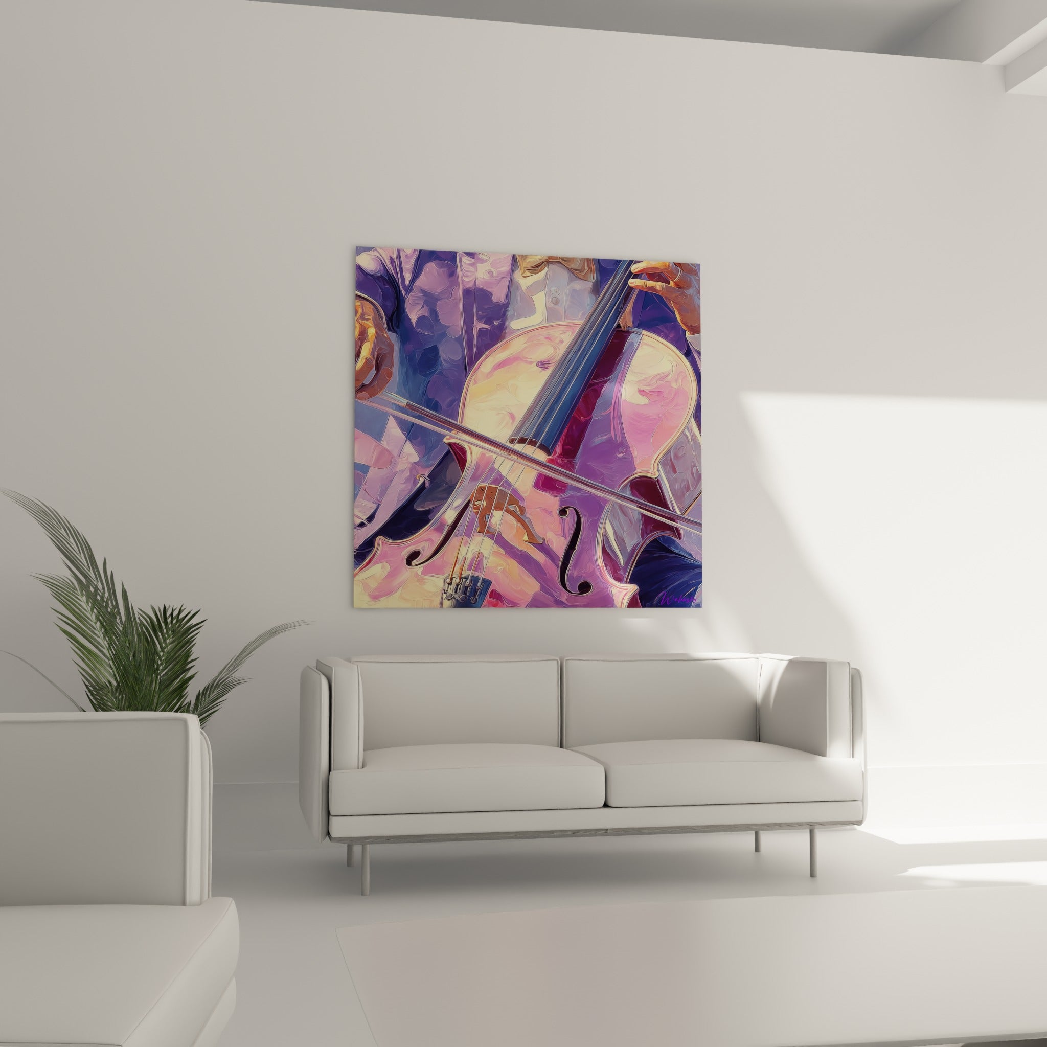 Instrument à cordes violet et doré capté en mouvement, au-dessus d'un canapé dans un salon lumineux
