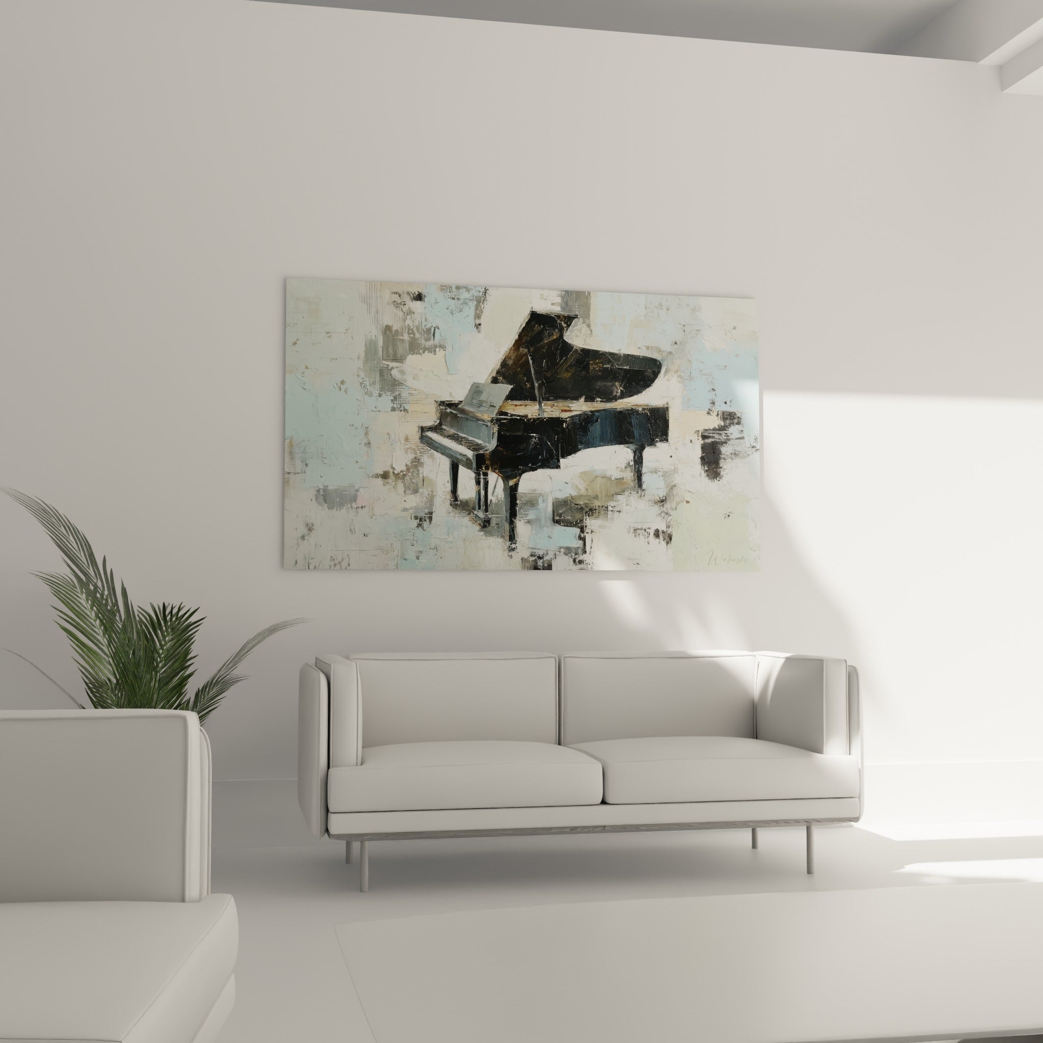 Piano peint en noir profond sur touches de bleu pastel et gris, accroché au-dessus d'un canapé dans un salon lumineux