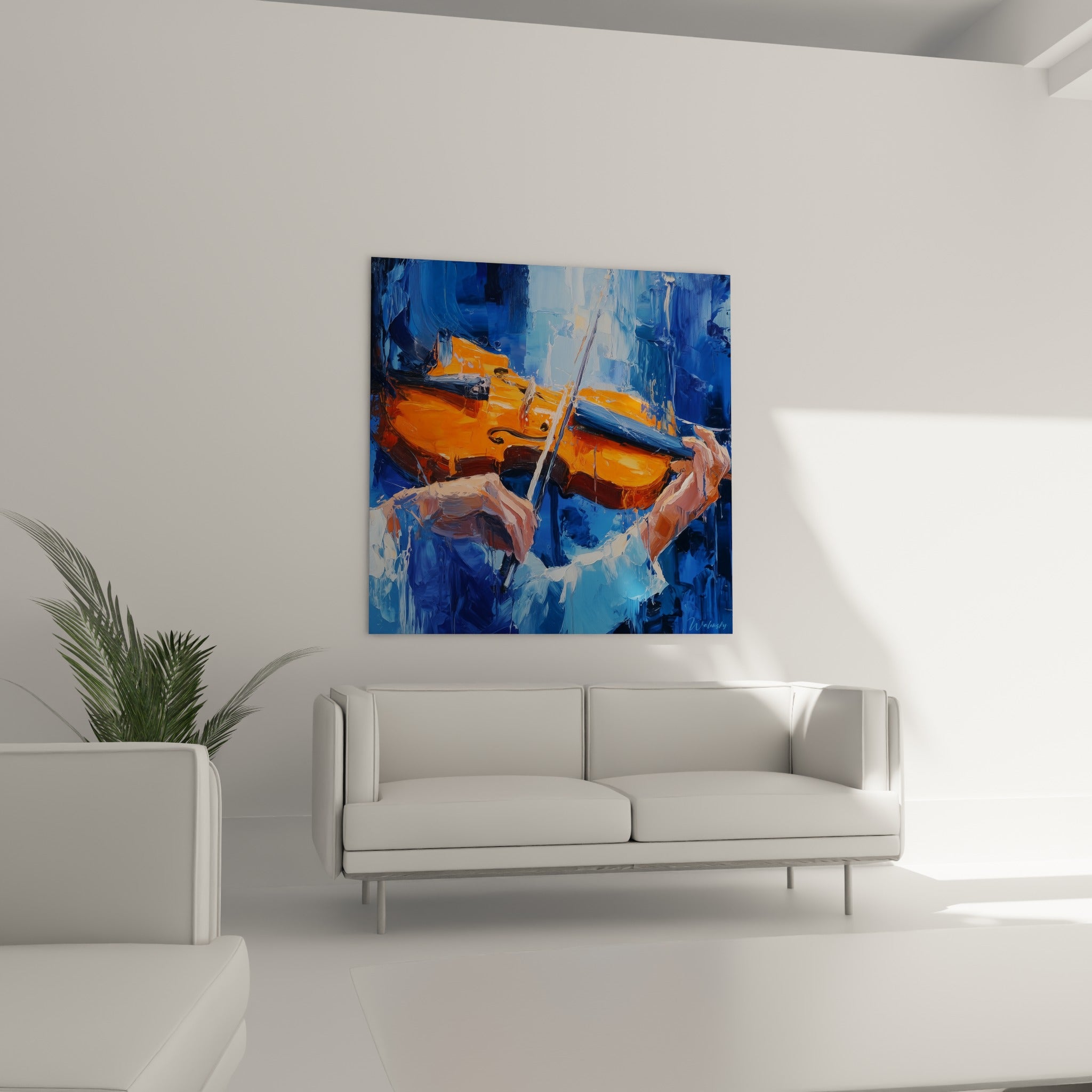 Instrument orange et bleu marine peint au couteau, scène de Musique au-dessus d'un canapé dans un salon lumineux