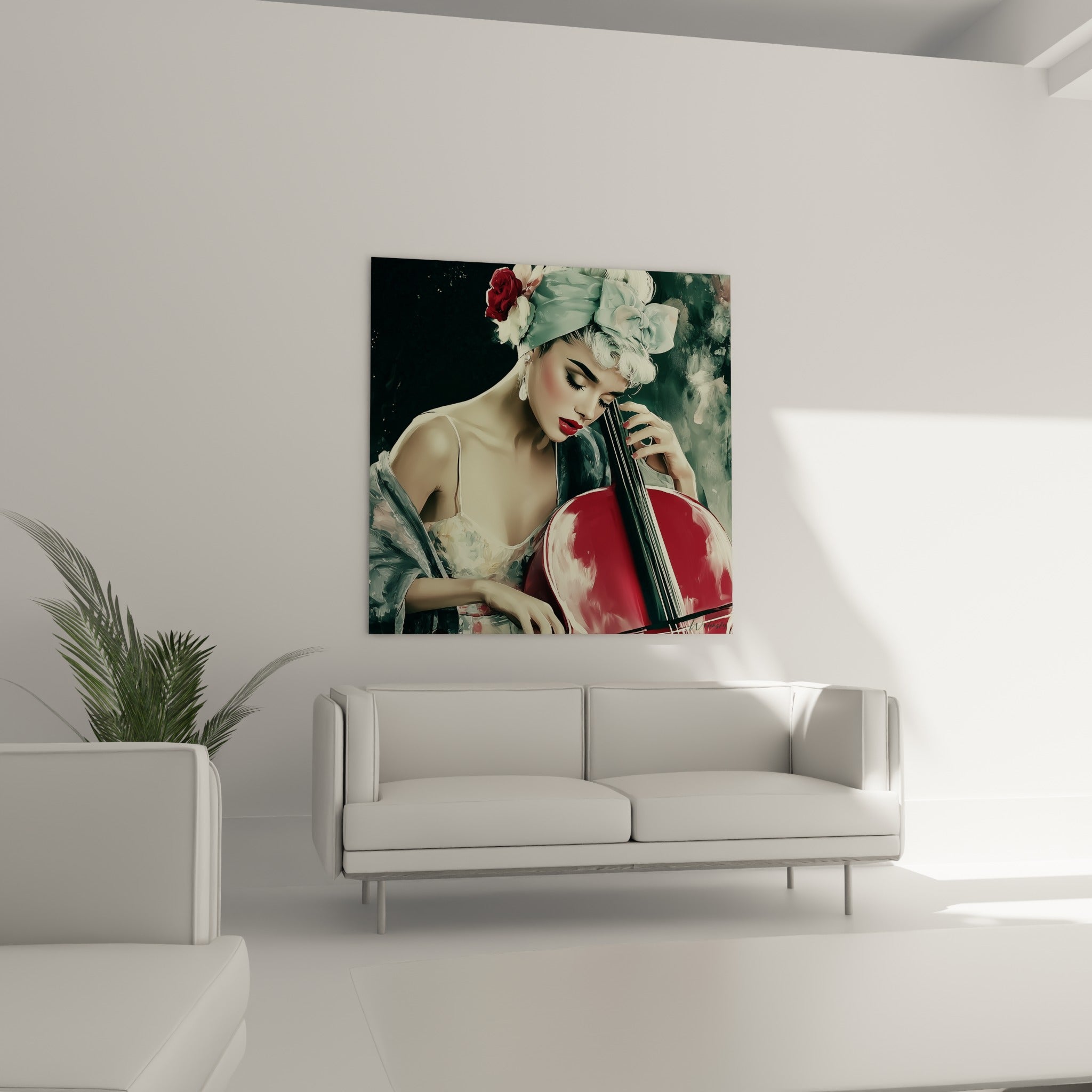 Femme au violoncelle rouge intense, coiffe vert amande ornée de roses, au-dessus d'un canapé dans un salon lumineux