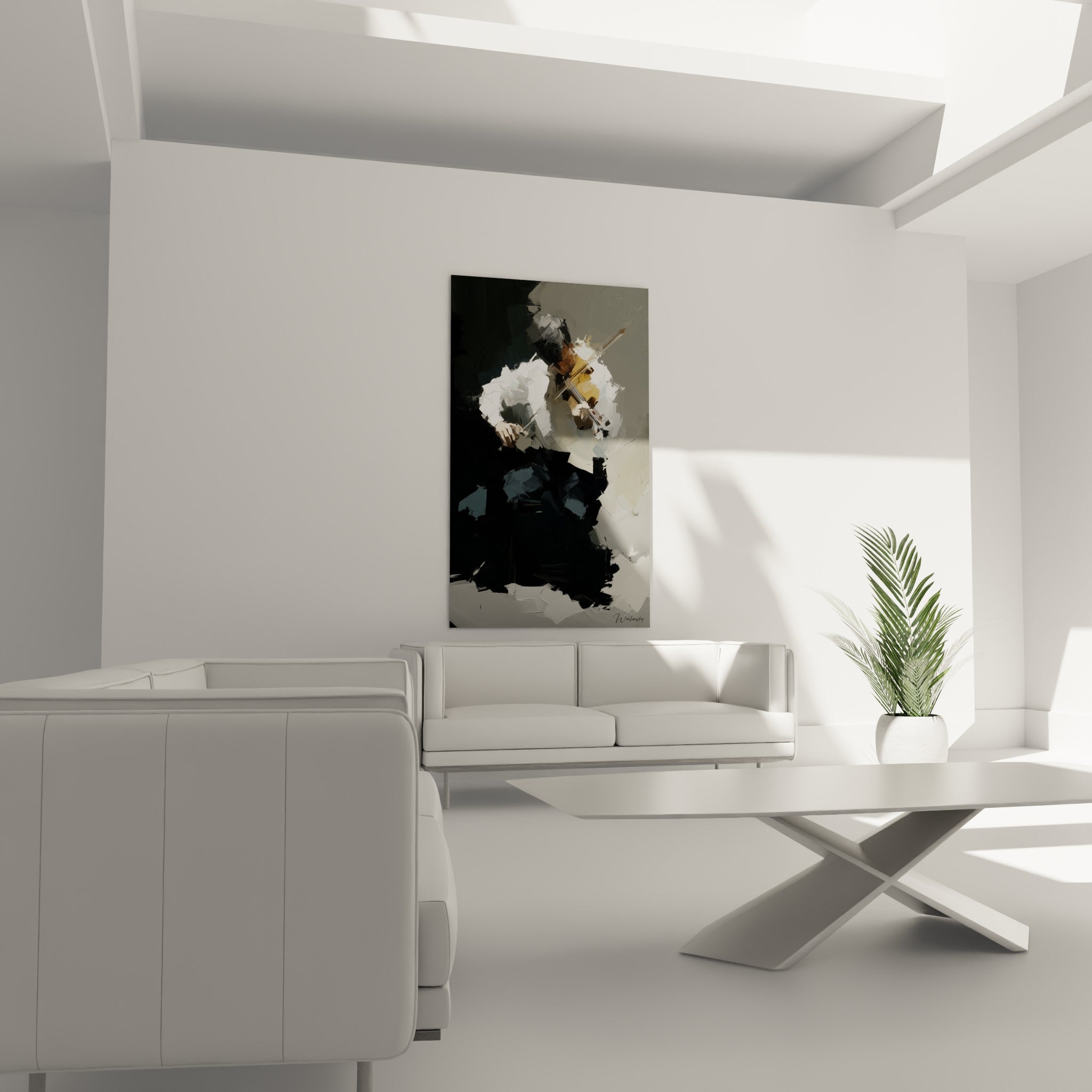 Musicien penché sur son violon, tons gris et ocre profonds, tableau musique au-dessus d'un canapé dans un salon lumineux