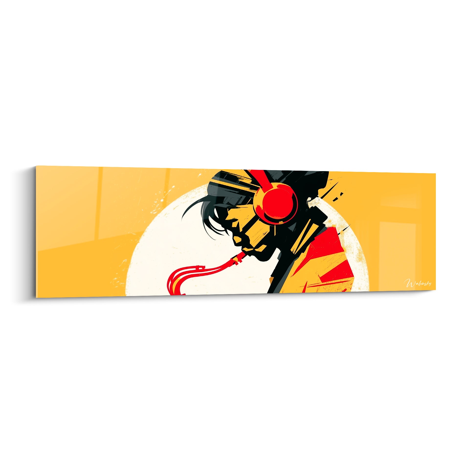 Musique en profil casque audio, jaune moutarde, noir et rouge vif, style graphique anguleux