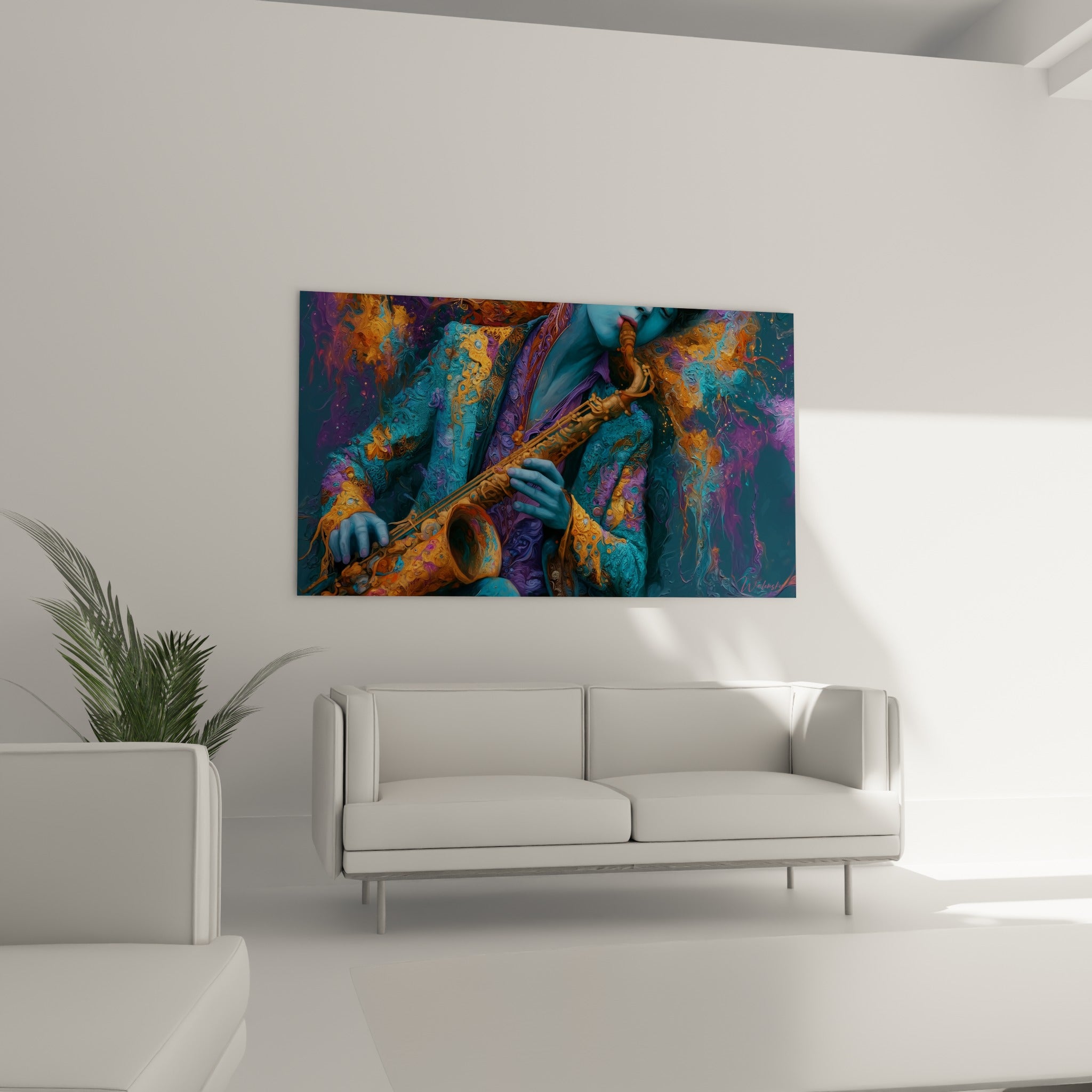 Silhouette bleu sarcelle jouant du saxophone doré, au-dessus d'un canapé dans un salon lumineux