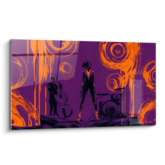 Chanteuse et contrebassiste en silhouettes noires sur fond violet et orange doré, scène de jazz stylisée
