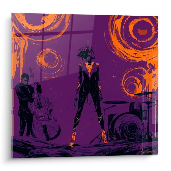Purple and Orange Music Painting Singer Standing on Stage - Double Bassist and Drums - Music Edition