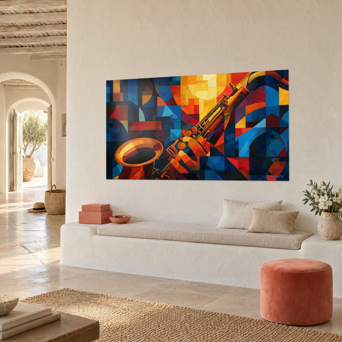 Gemälde Abstraktes Jazz-Mosaik aus indigoblauen und orangefarbenen Quadraten, messingfarbener Schalltrichter unten links, Dreiviertelansicht in einem mediterranen Haus