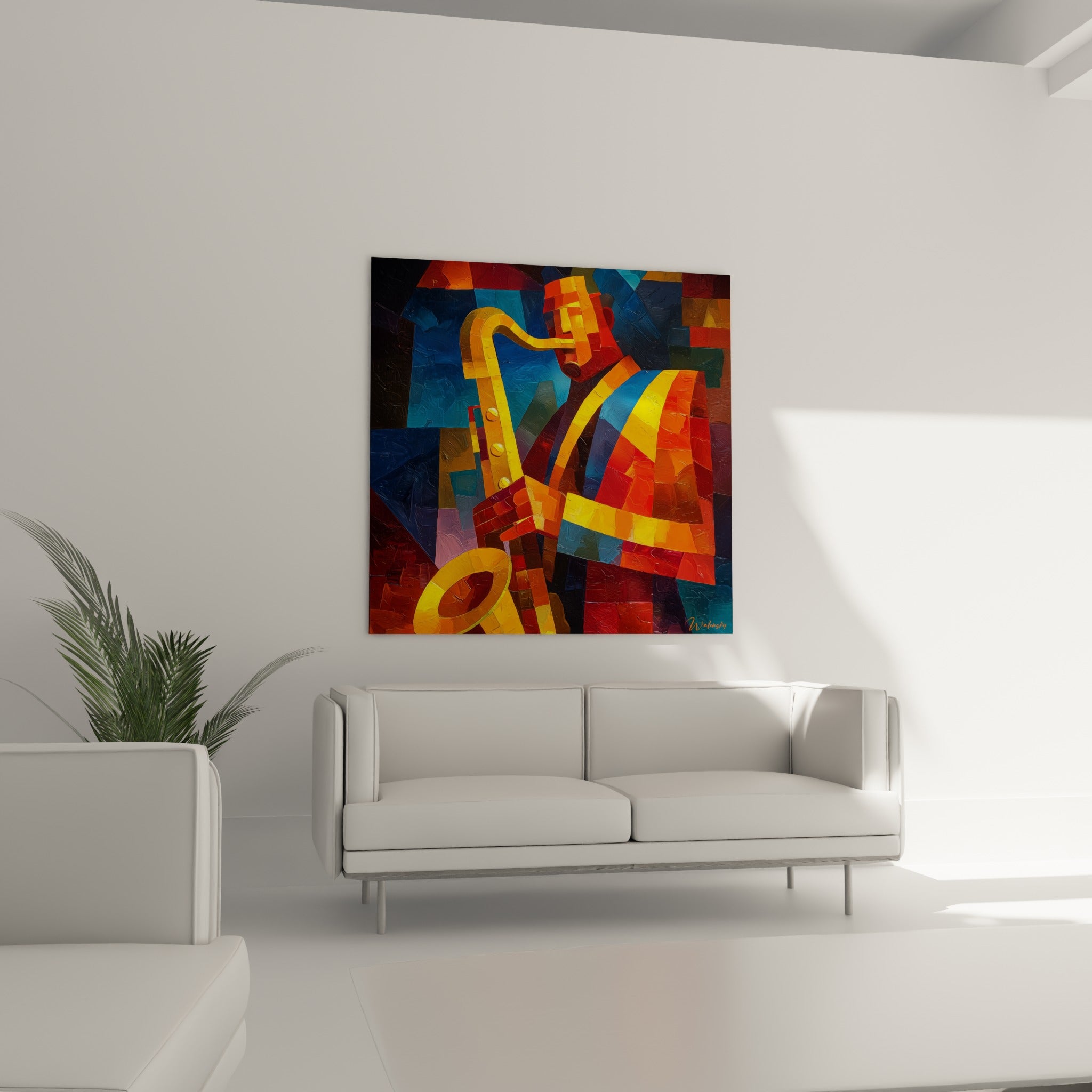 Saxophone doré et silhouette anthracite du musicien, au-dessus d'un canapé dans un salon lumineux