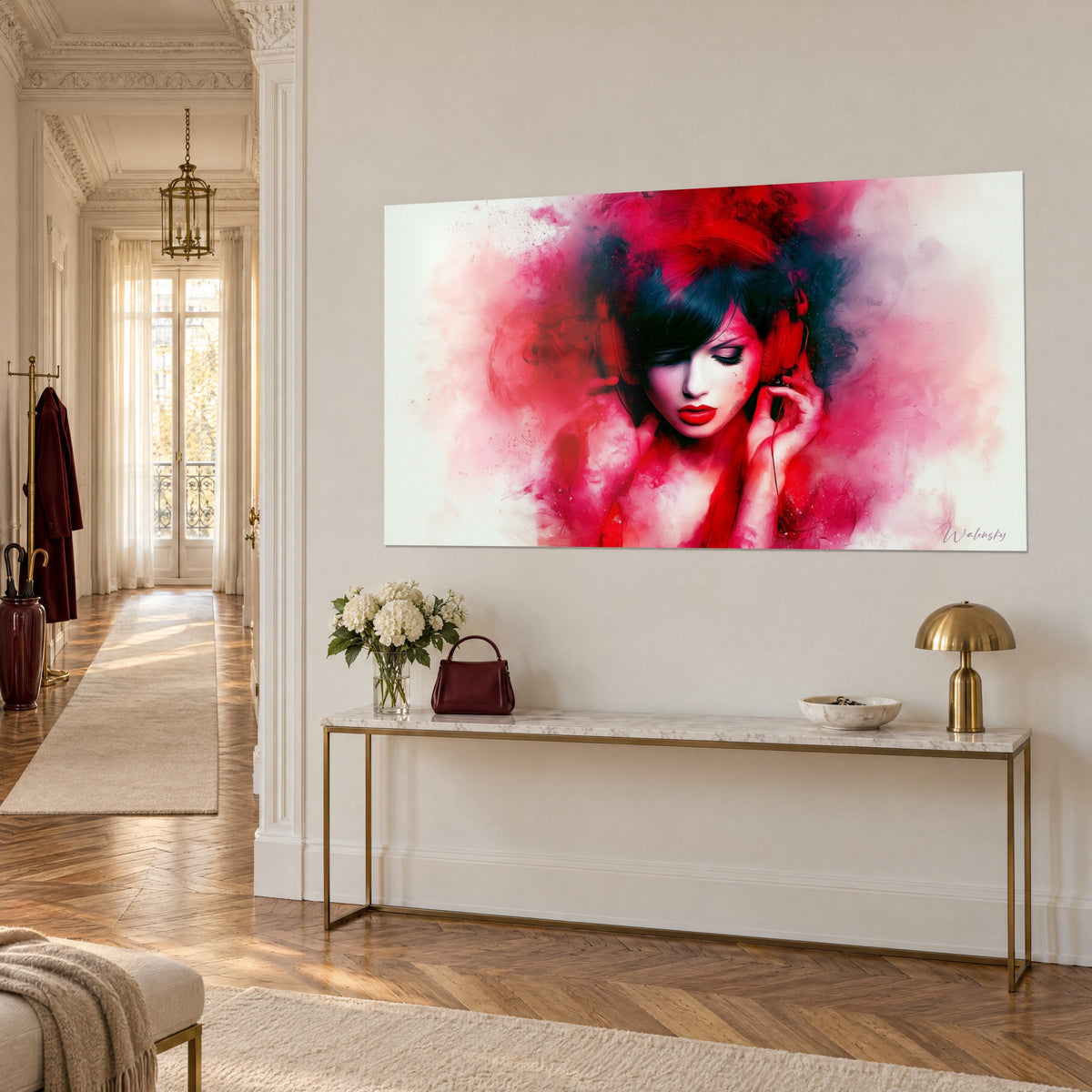 Wall art of a music lover with scarlet lipstick, black strands on ivory background, three-quarter view above a gilded console