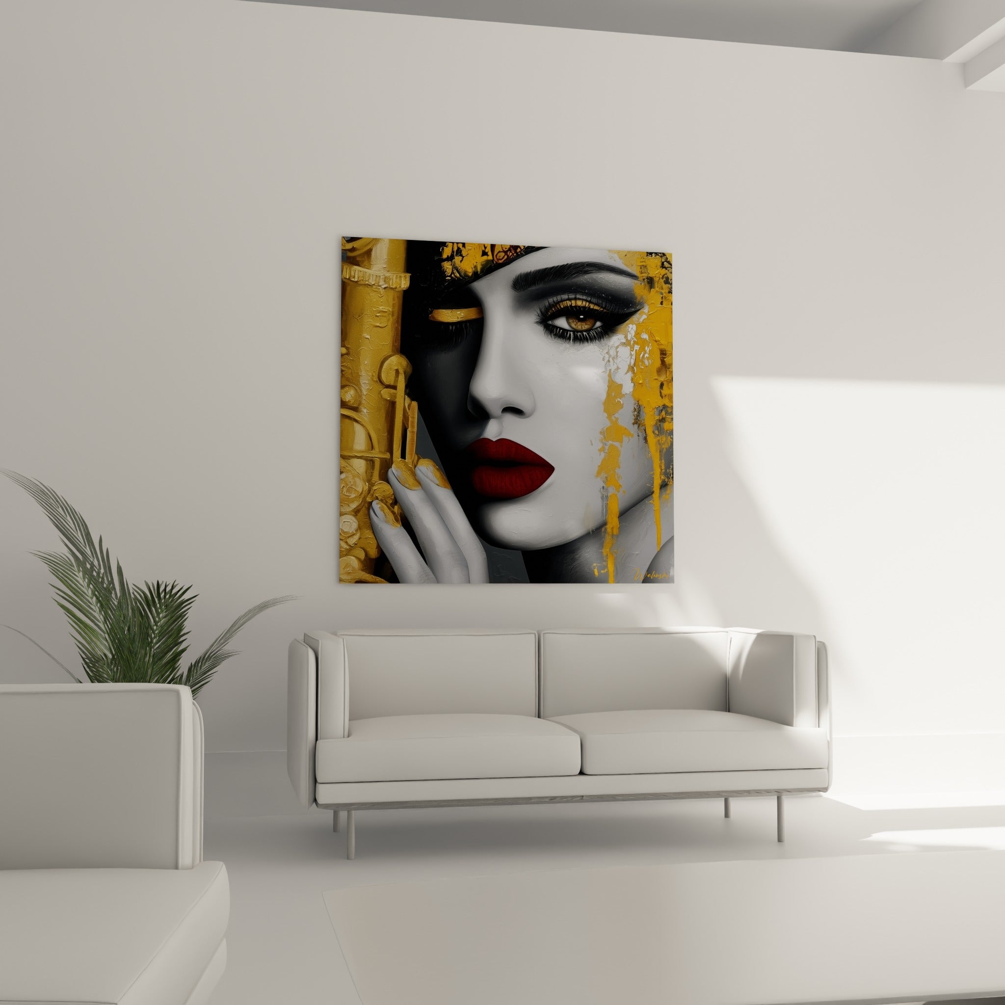 Portrait Musique aux coulures dorées et yeux fardés de noir, au-dessus d'un canapé dans un salon lumineux