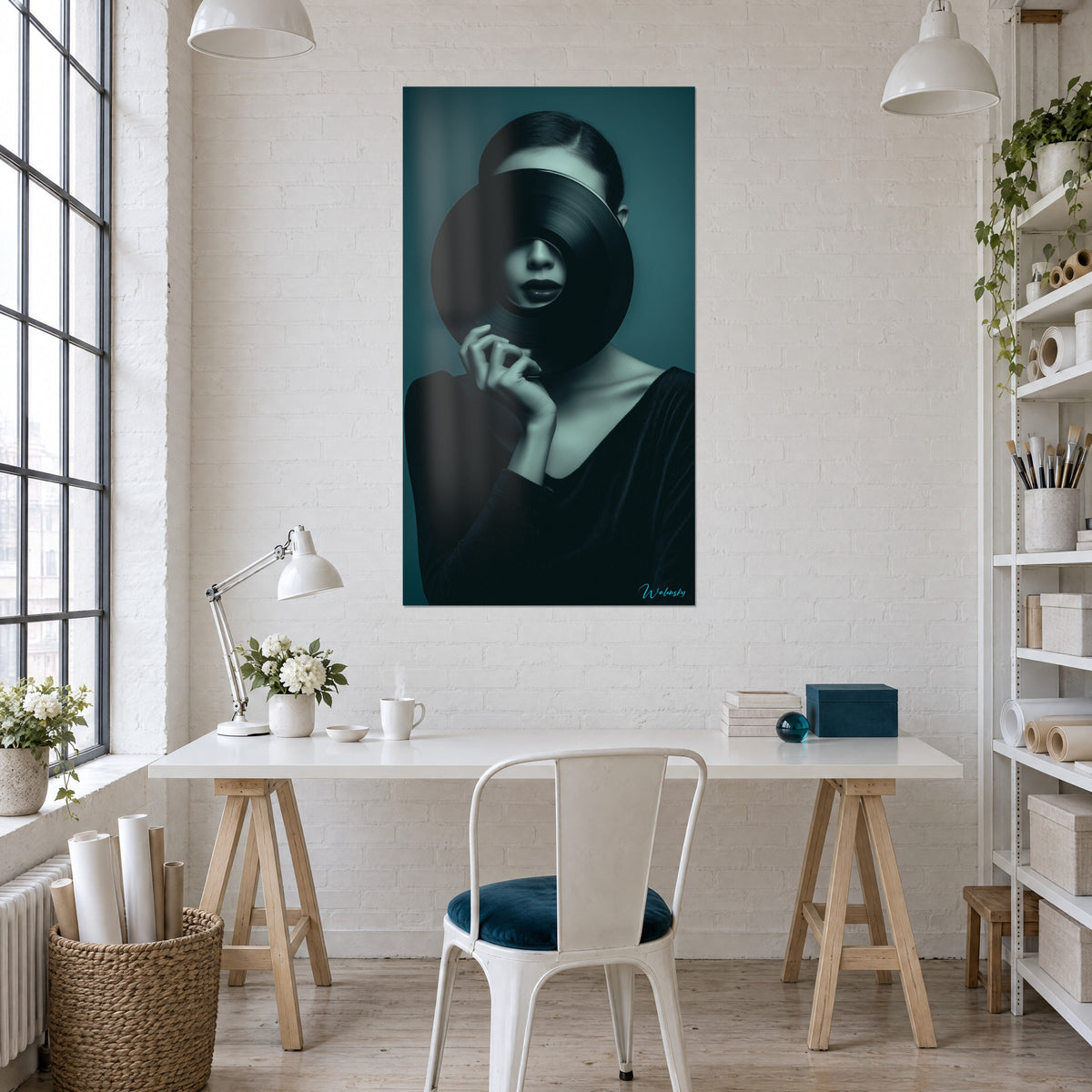 Quadro disco microsolco nero che cela uno sguardo, labbra scure visibili, sfumatura blu petrolio, scrivania bianca con lampada articolata