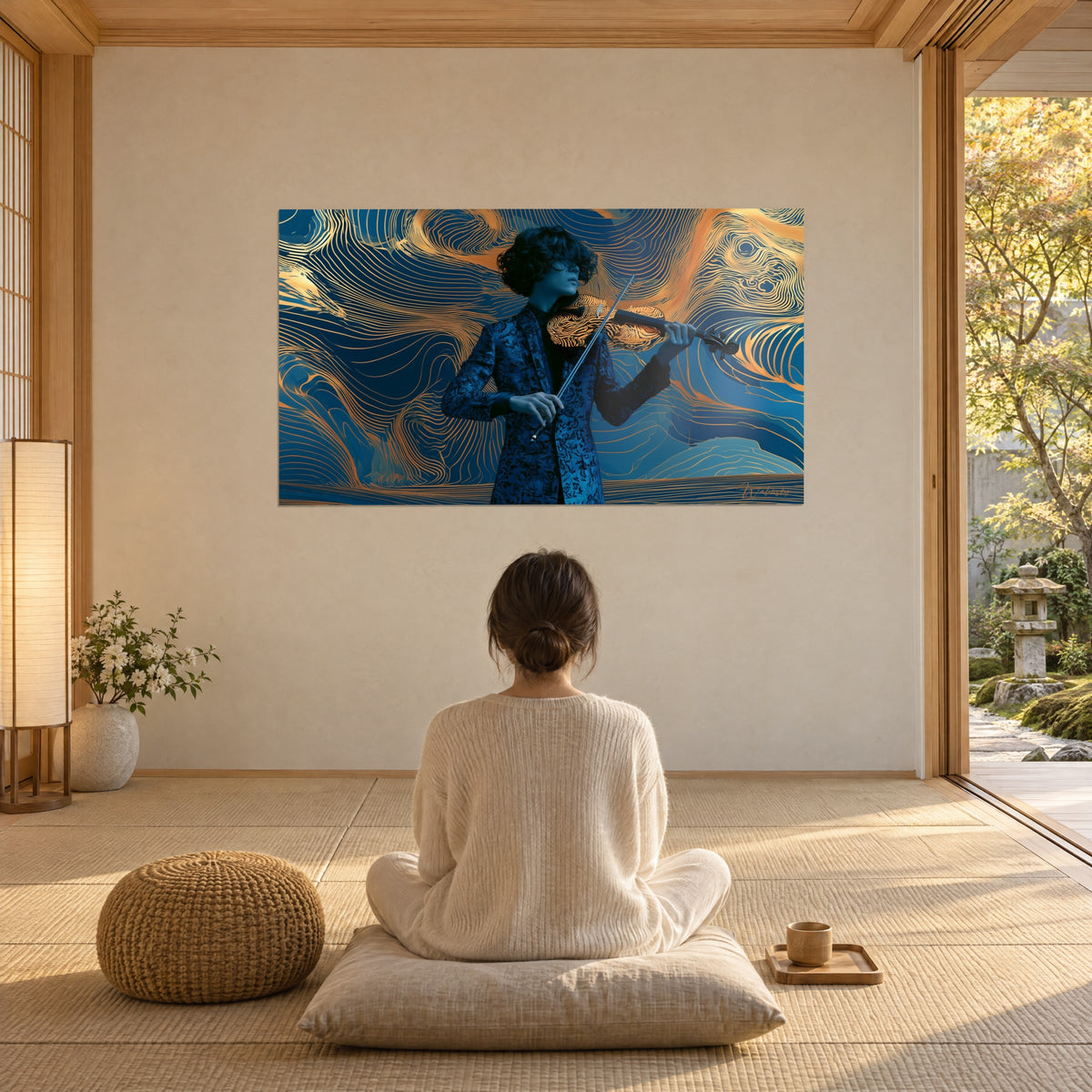 Wall art violinist portrait with undulating copper and midnight blue lines, woman seen from behind seated on a cushion facing a garden