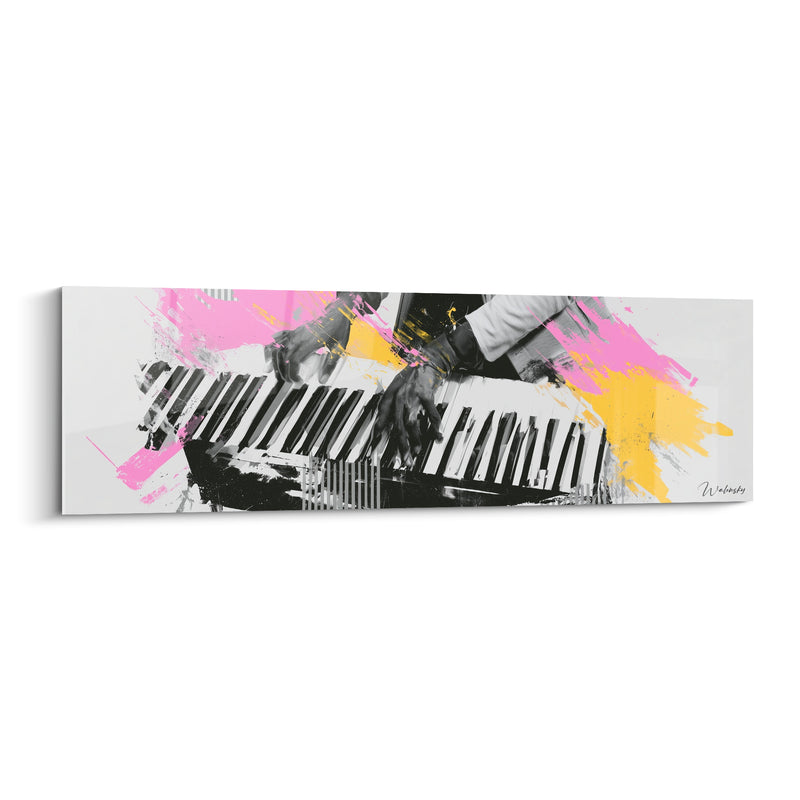 Tableau Musique clavier rose et jaune éclaboussé - Rayures grises verticales - Edition Musique