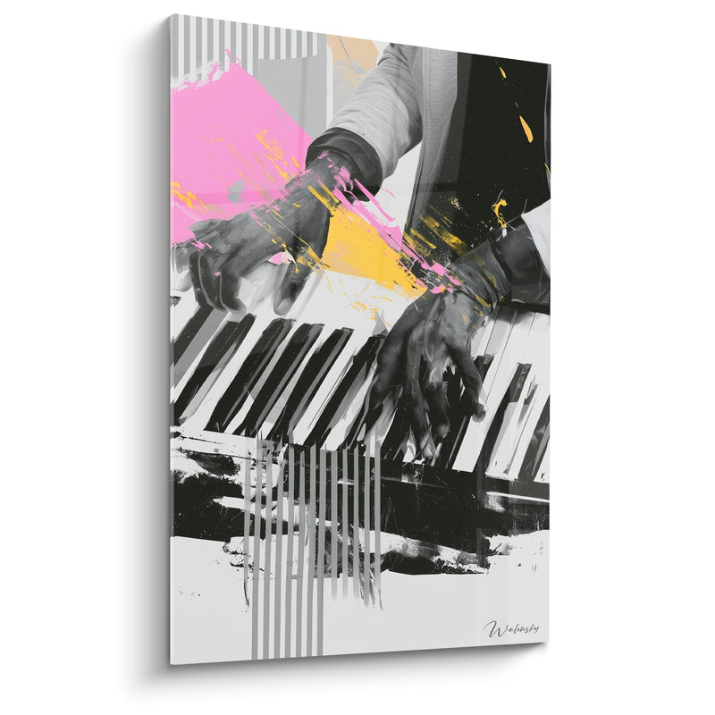 Tableau Musique mains gantées rose et jaune sur piano - Improvisation urbaine - Edition Musique