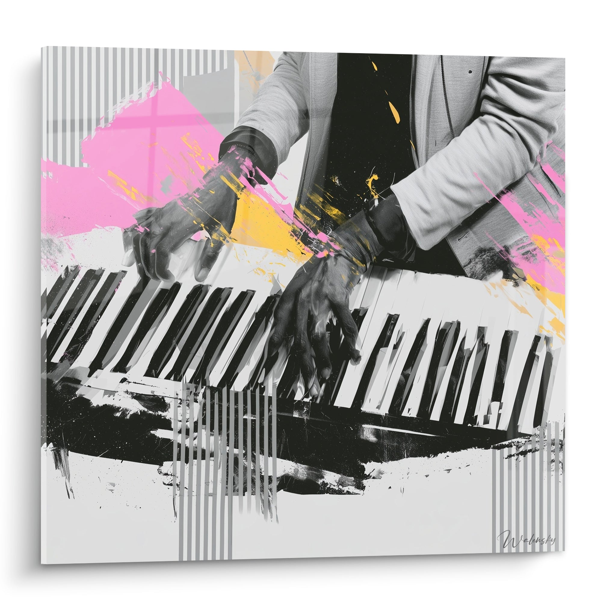 Mains gantées jouant du piano, éclaboussures rose et jaune sur fond noir et blanc graphique