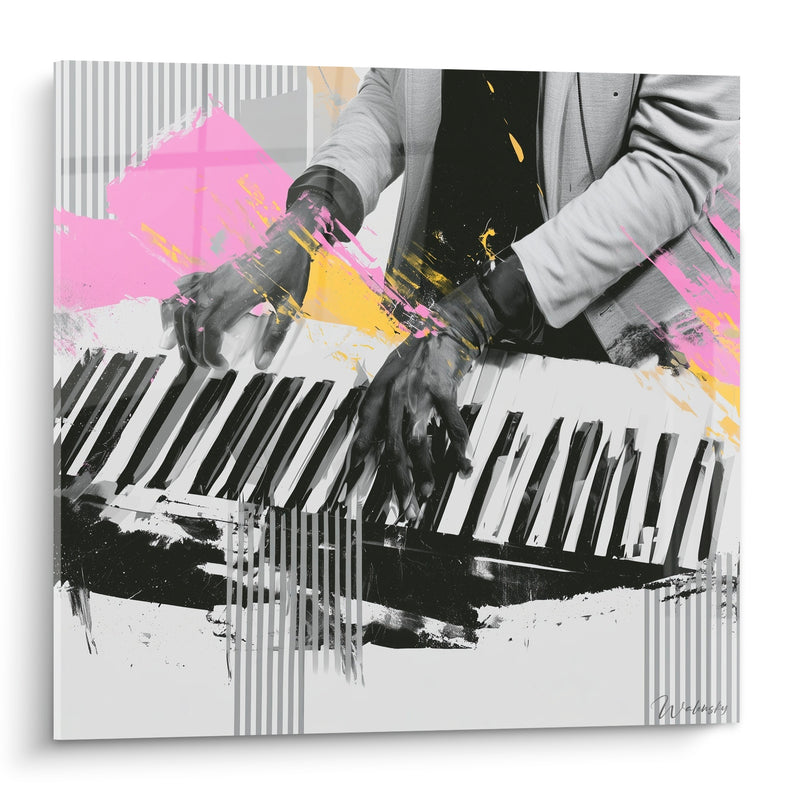 Tableau Musique rose et jaune mains gantées - Bandes verticales grises - Edition Musique