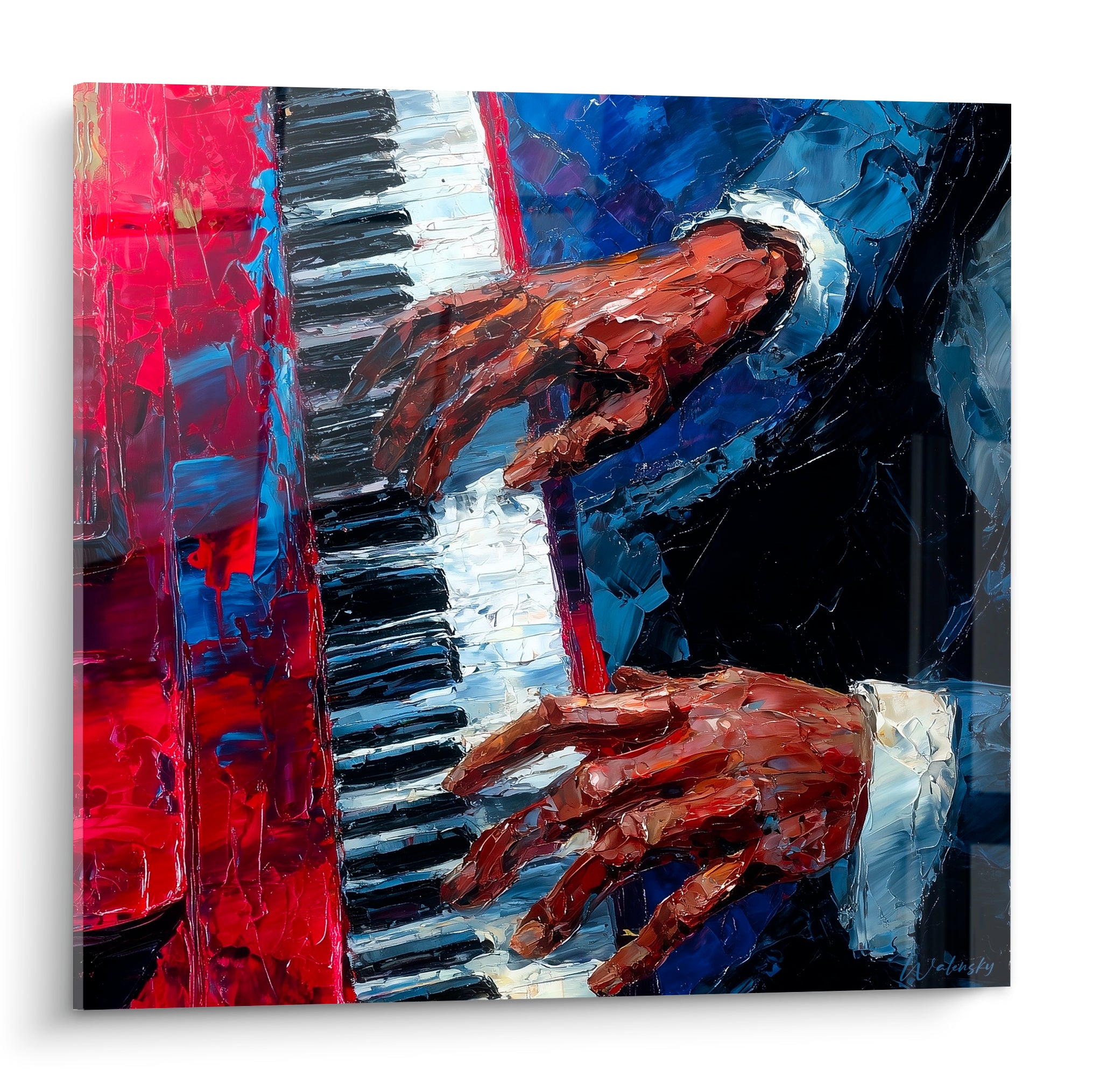 Mains brunes et terracotta jouant du piano, touches noires et blanches, fond rouge et bleu marine texturé