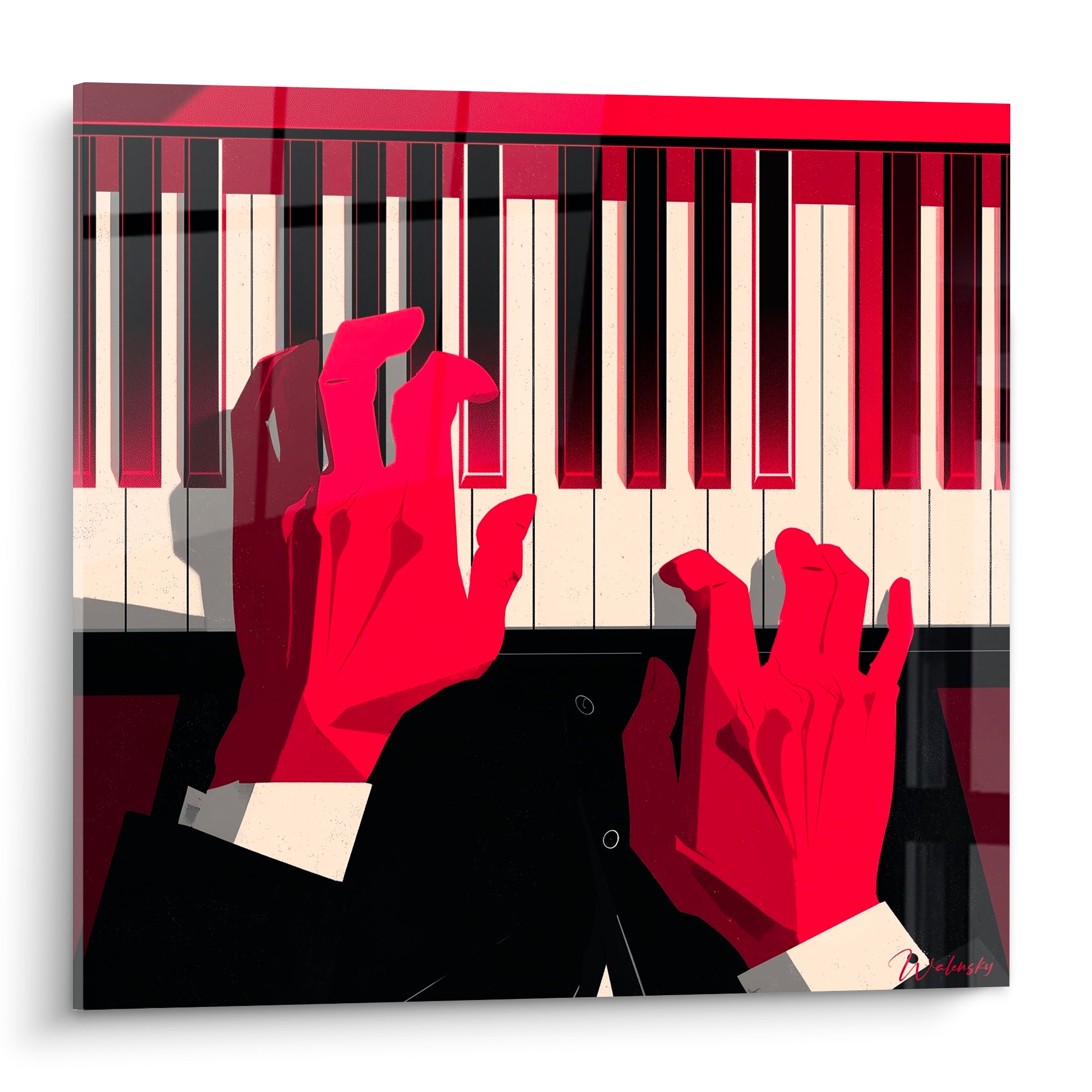 Mains rouges aux doigts tendus sur un clavier noir et ivoire, style graphique anguleux et contrasté